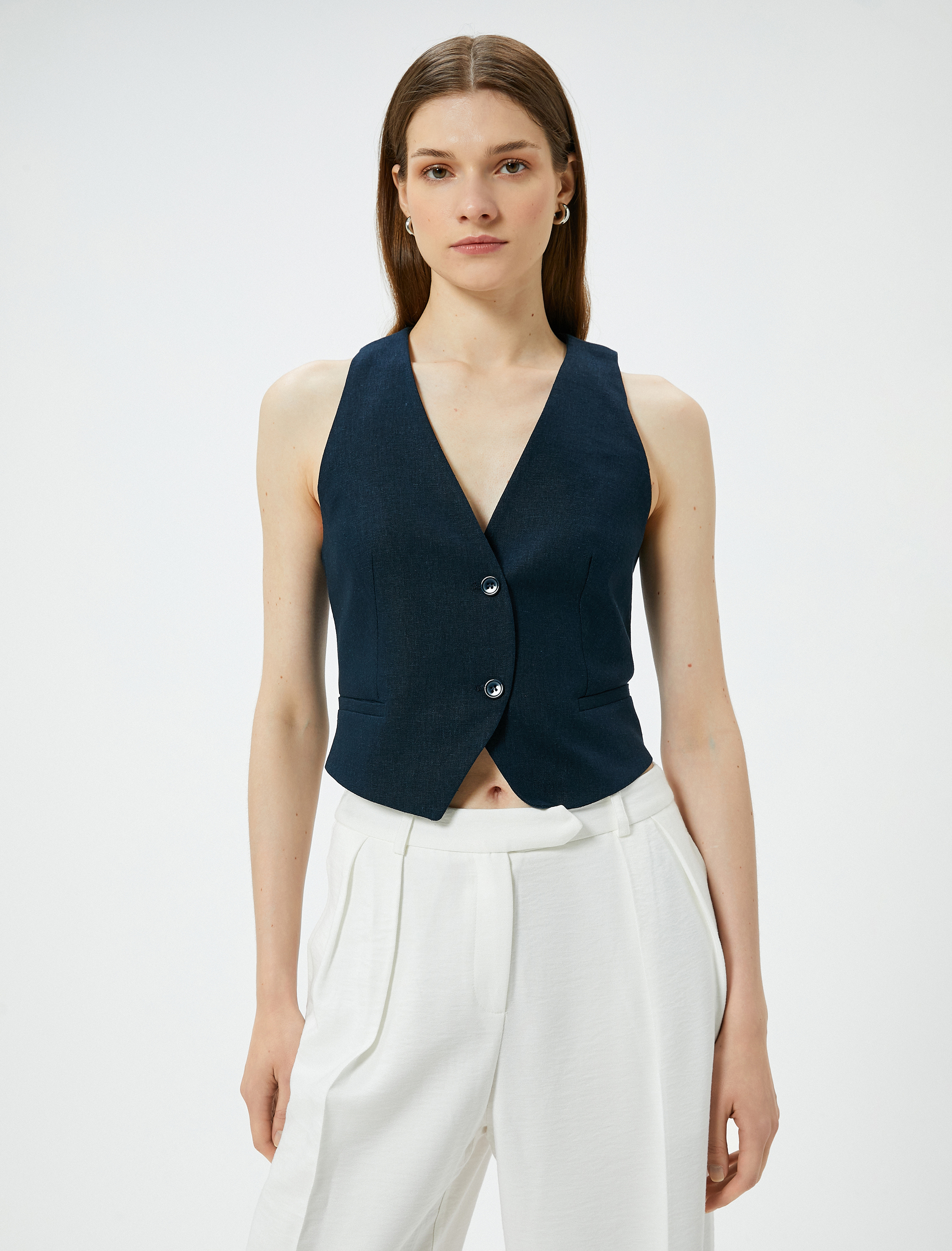   Kısa Keten Yelek V Yaka Düğmeli Cepli