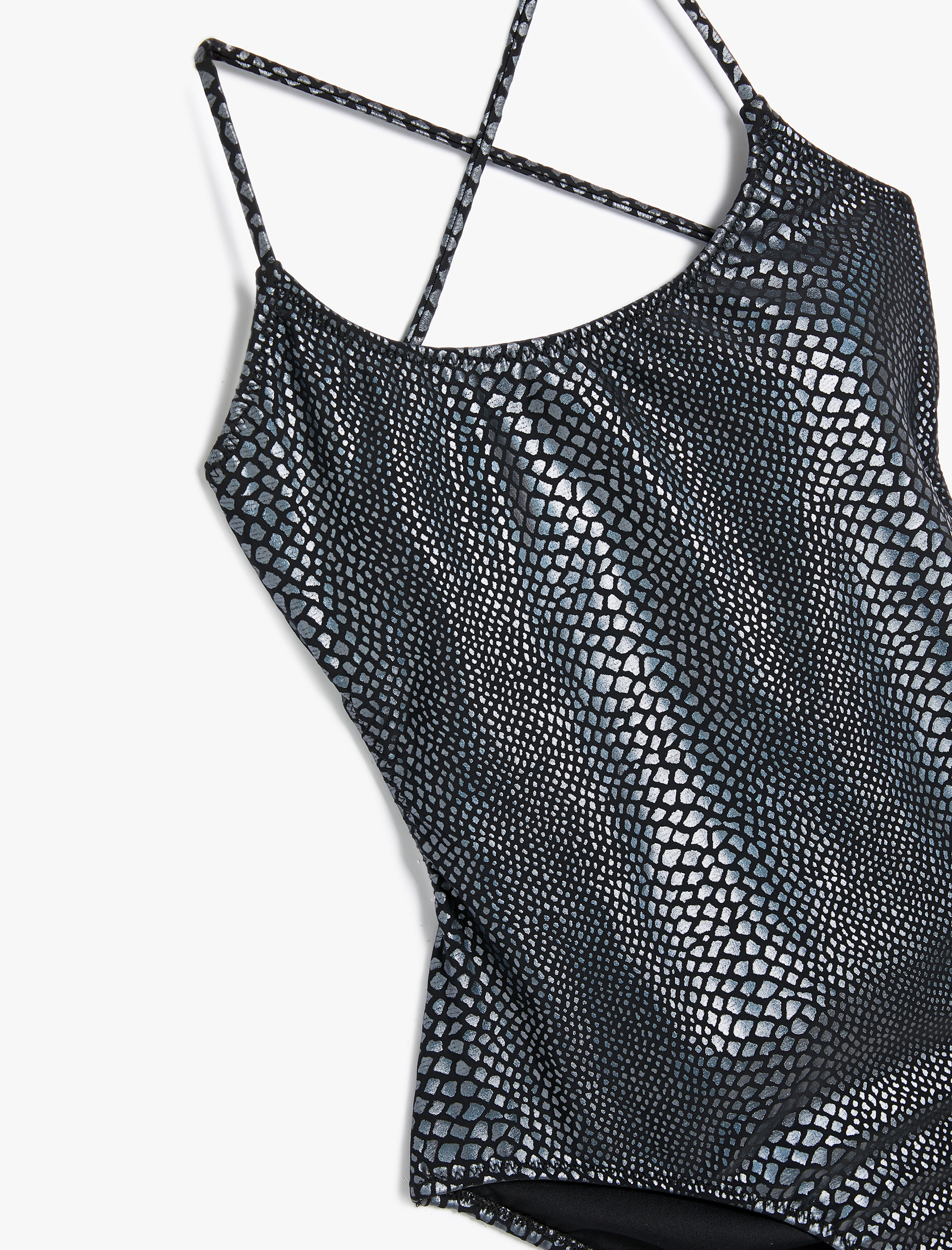   Arkası Çapraz Askılı Mayo Parlak Yılan Derisi Desenli