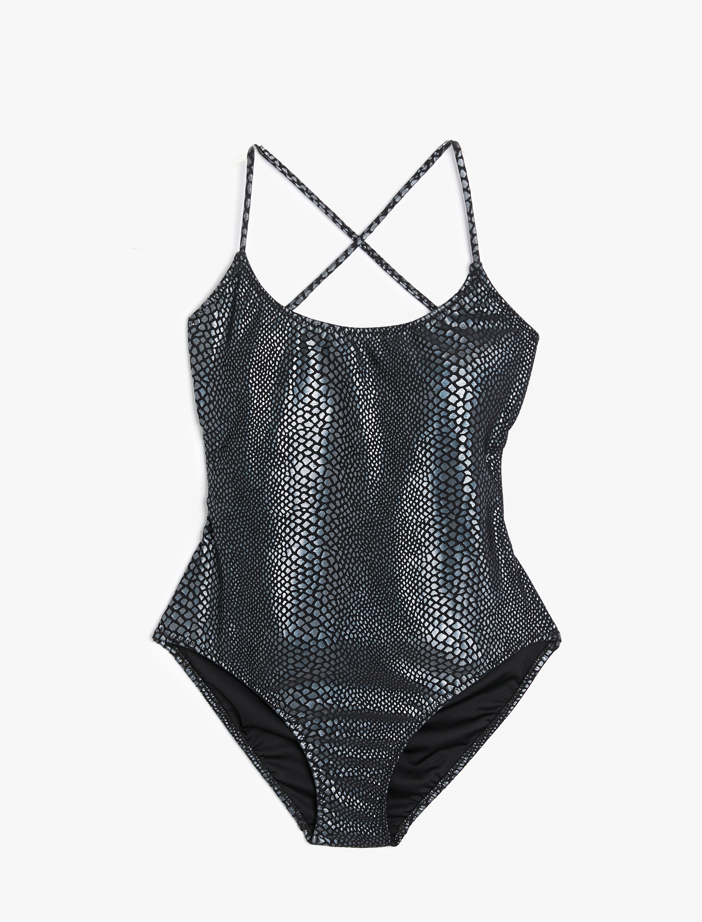   Arkası Çapraz Askılı Mayo Parlak Yılan Derisi Desenli