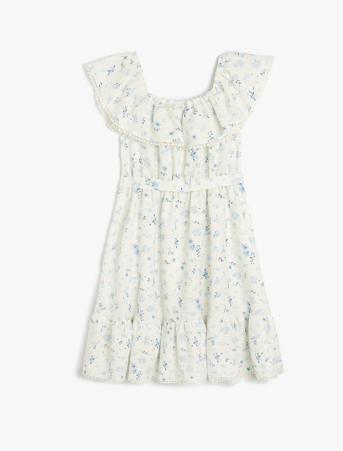 Kız Çocuk Keten Elbise Kolsuz Fırfırlı Katlı Düşük Omuz