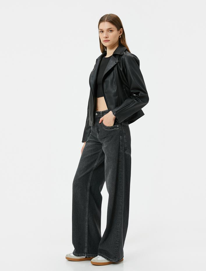  Suni Deri Ceket Fermuar Detaylı Cepli Kruvaze