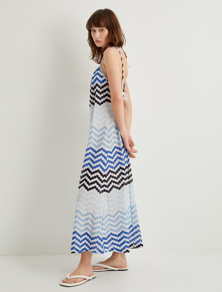  Uzun Plaj Elbisesi Askılı V Yaka Pileli