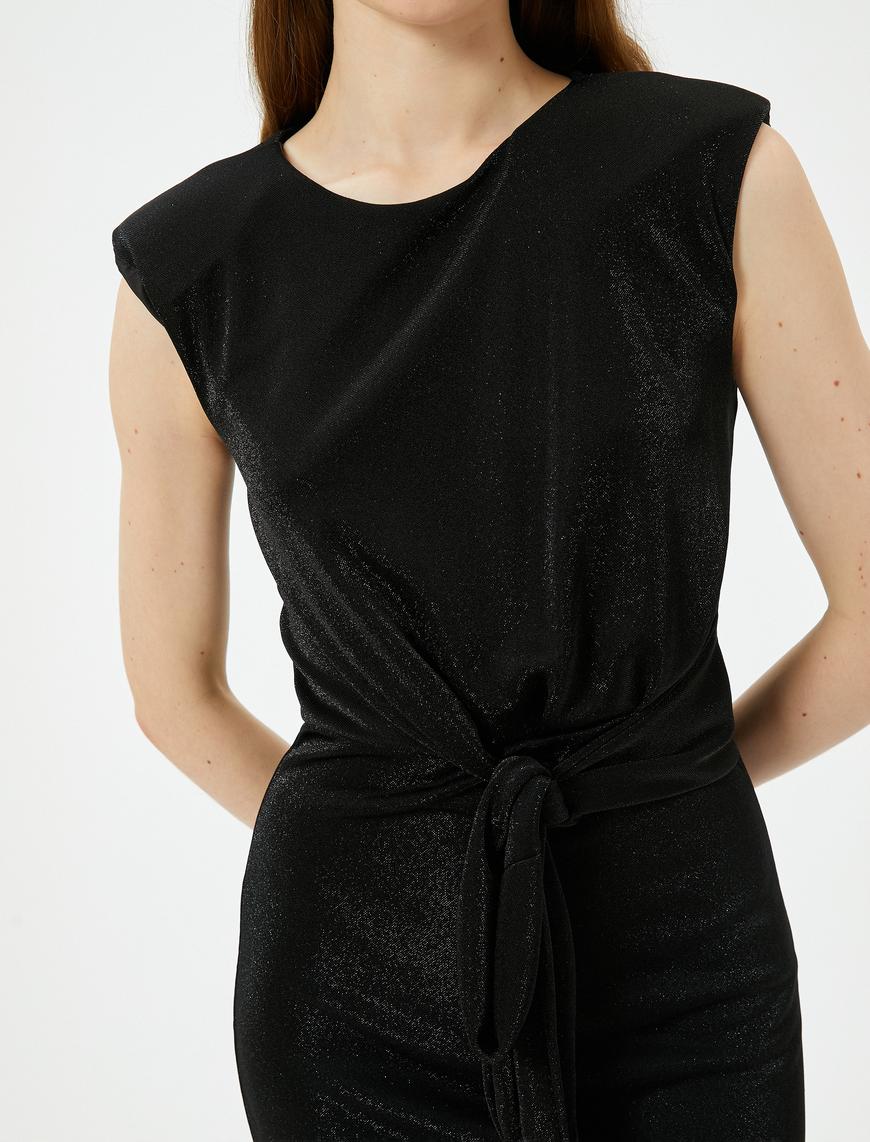   Parıltılı Mini Vatkalı Elbise Kolsuz Düğüm Detaylı Yuvarlak Yaka Astarlı Slim Fit