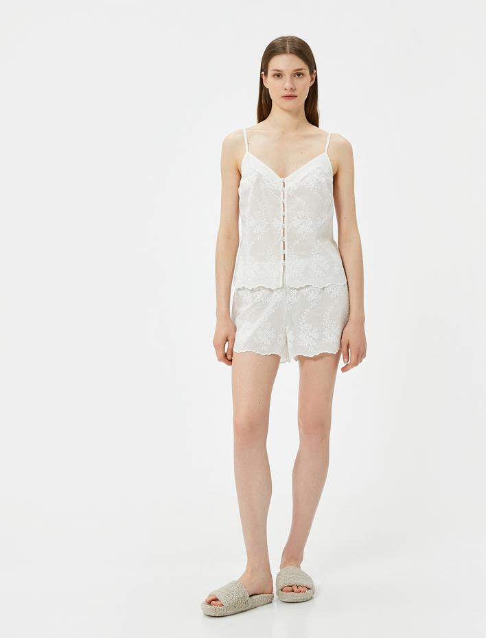  Pijama Üstü İnce Askılı V Yaka İşlemeli Düğmeli