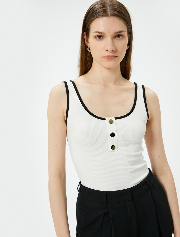  Renk Kontrastlı Atlet Metal Düğme Detaylı Ribanalı Viskoz Kumaş