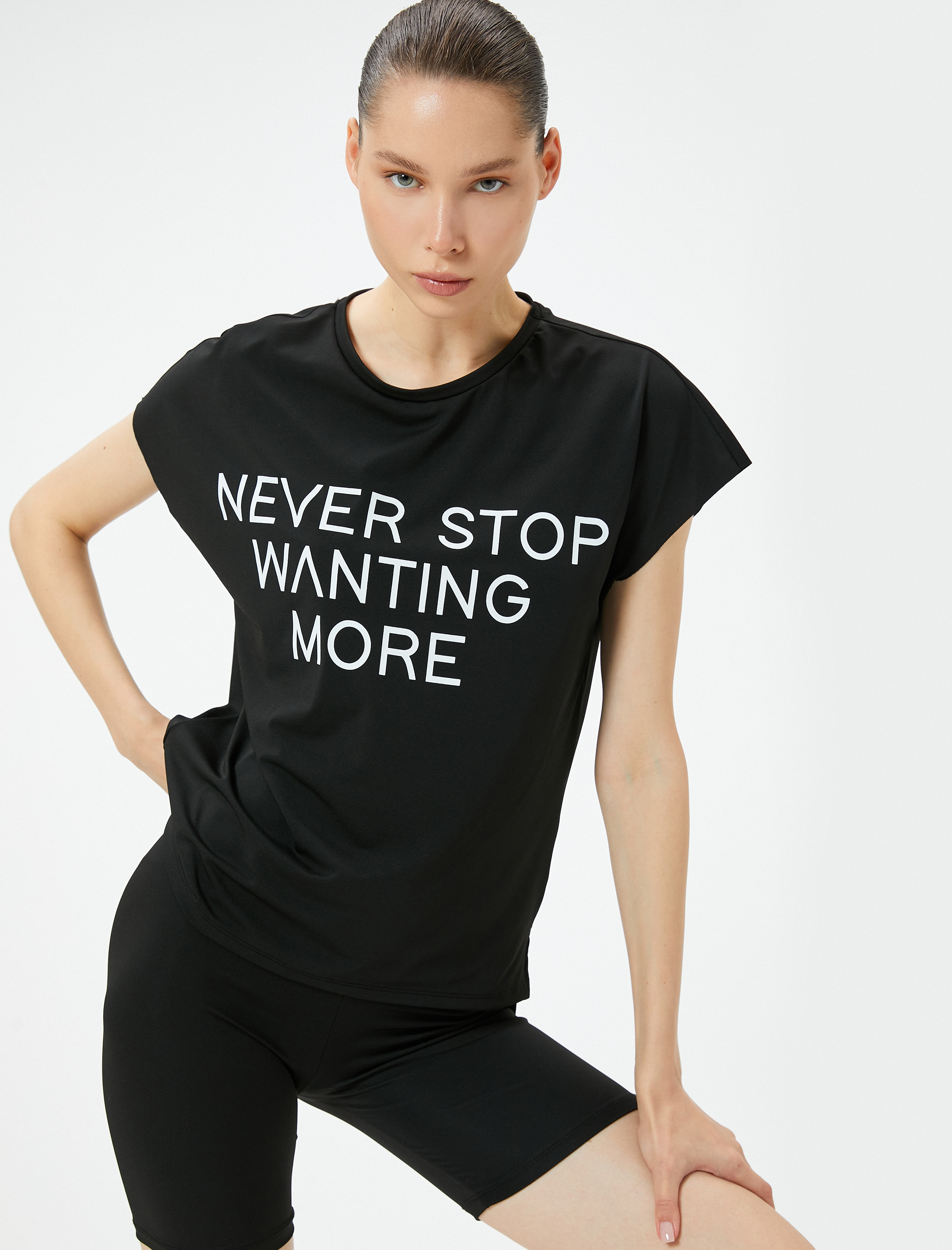   Spor Uzun Kolsuz Tişört Slogan Temalı Baskılı Bisiklet Yaka Rahat Kalıp