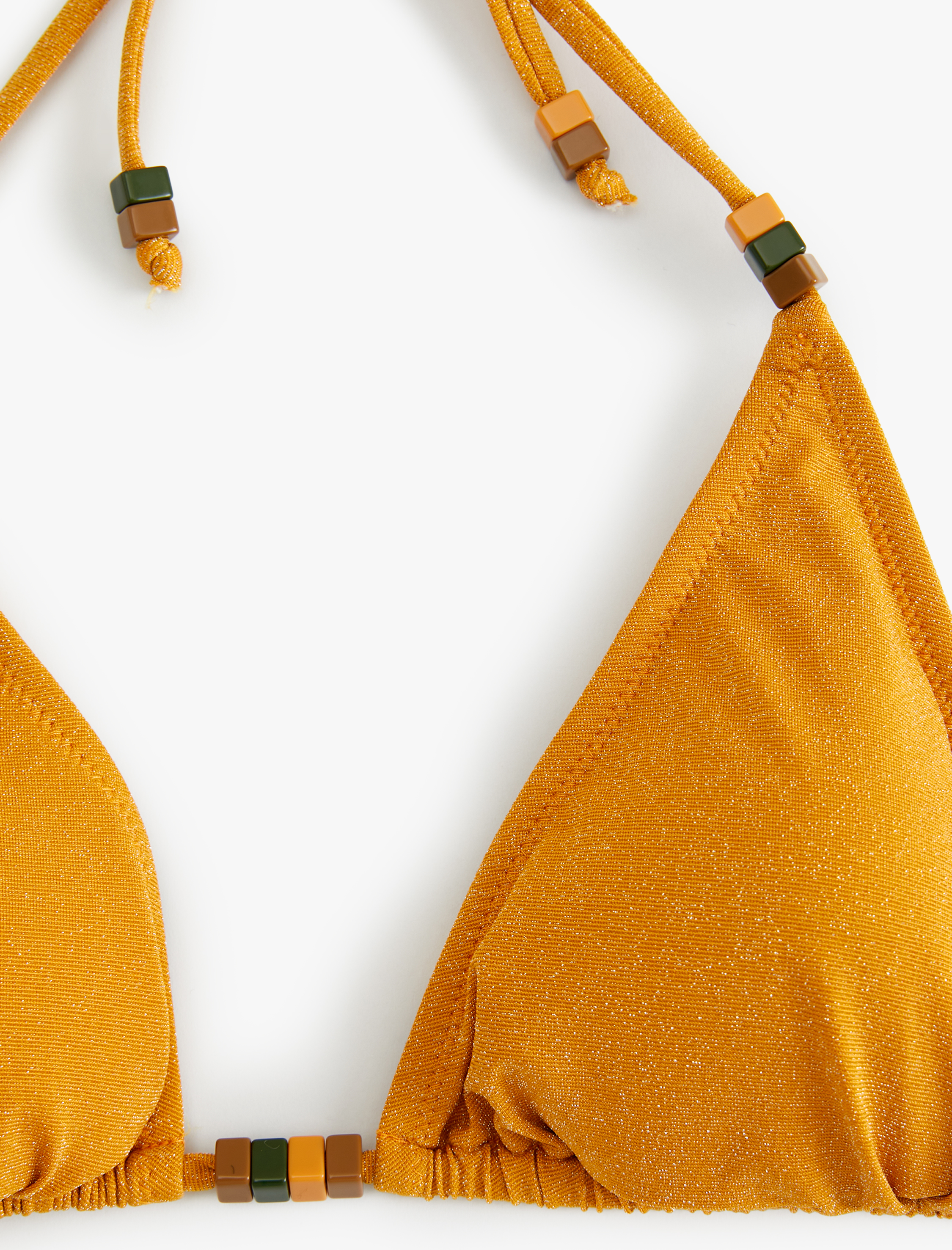   Parlak Üçgen Bikini Üstü Boncuk Detaylı İnce Askılı