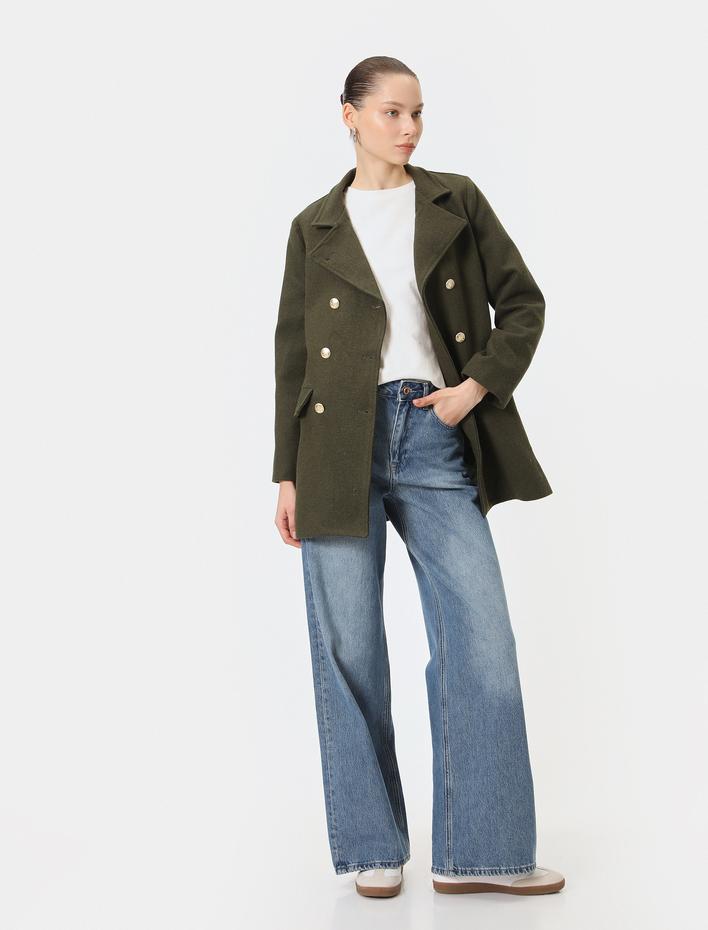  Kaşe Kaban Kruvaze Yaka Düğmeli Cepli Dar Kalıp