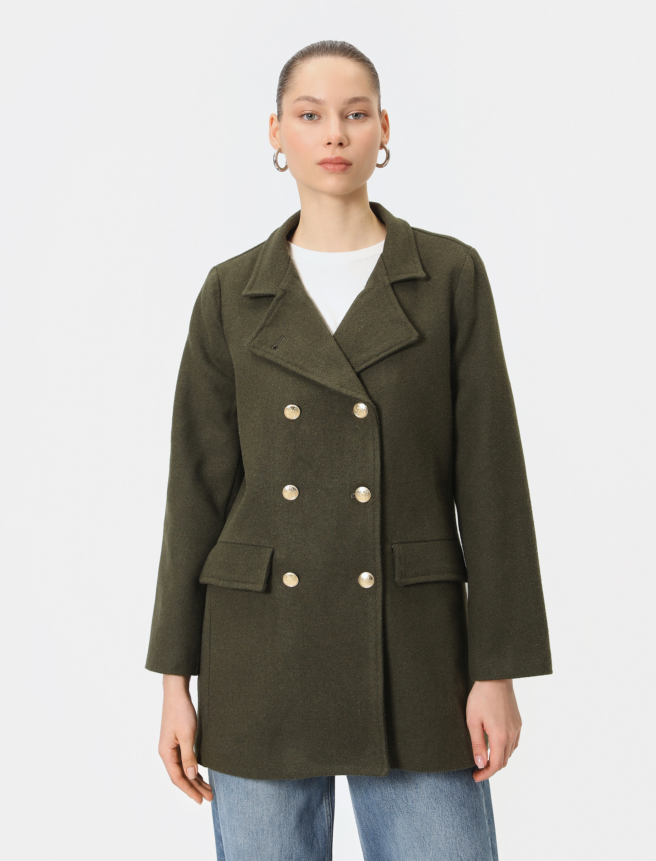 Kaşe Kaban Kruvaze Yaka Düğmeli Cepli Dar Kalıp