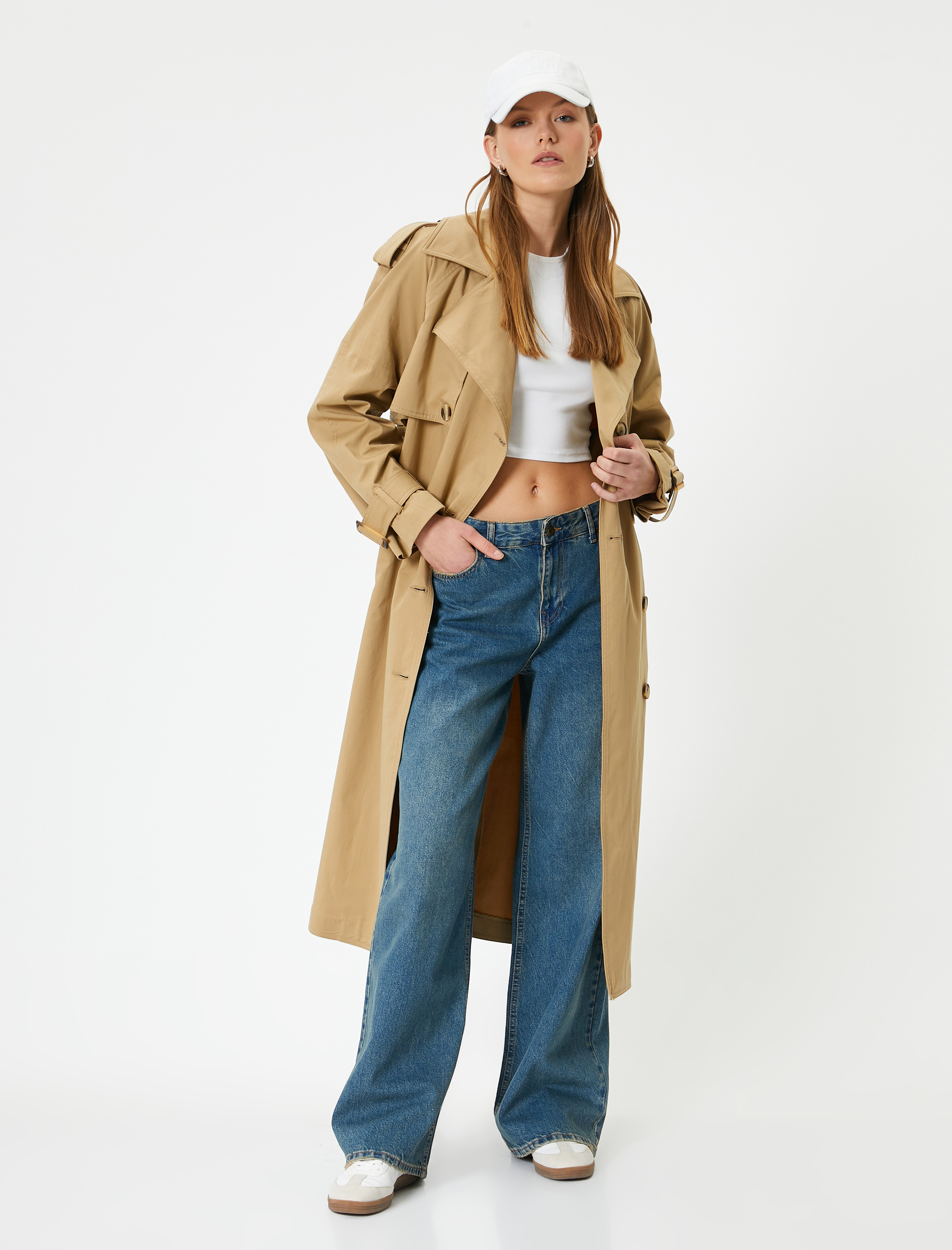   Midi Trençkot Kruvaze Düğmeli Kuşaklı