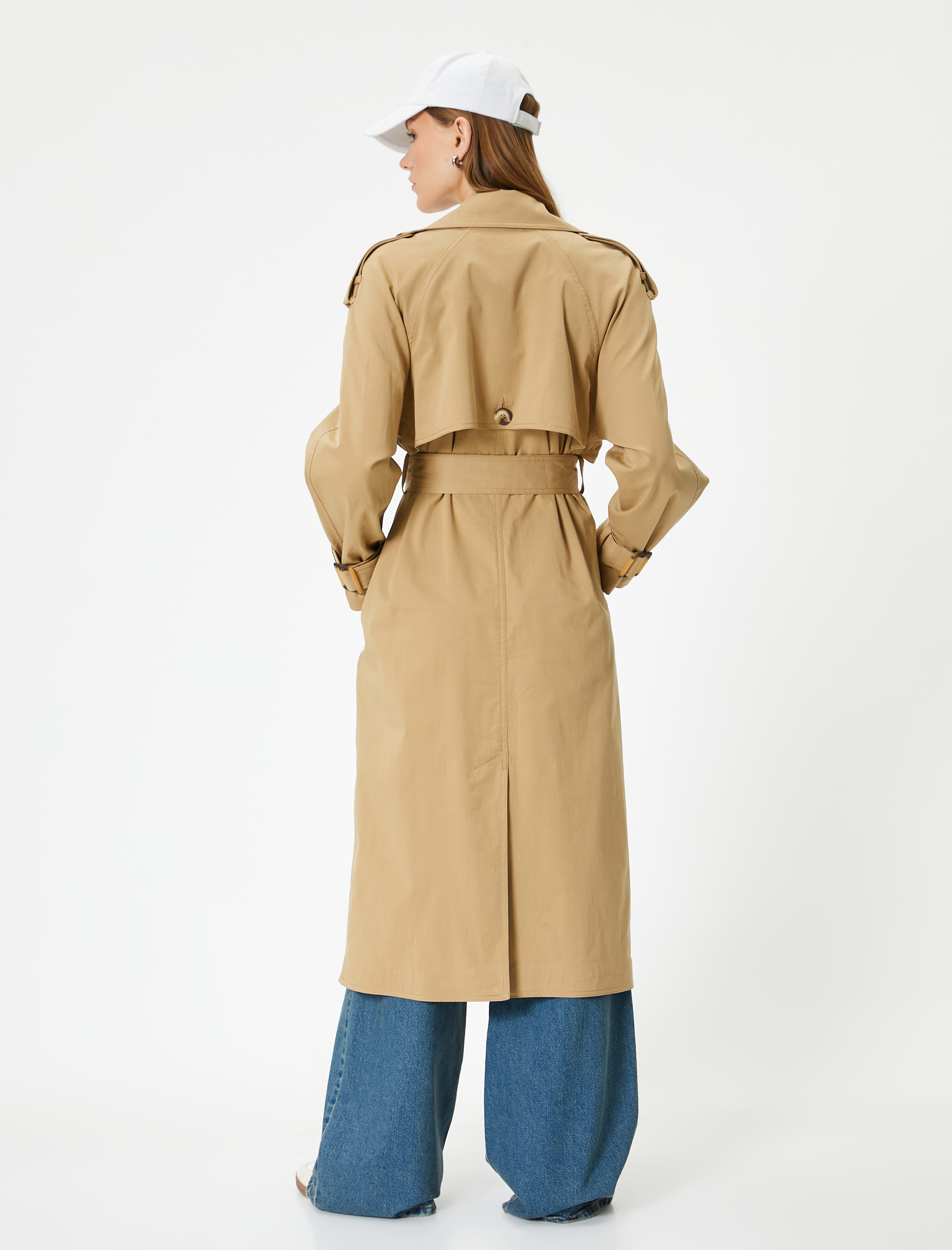   Midi Trençkot Kruvaze Düğmeli Kuşaklı