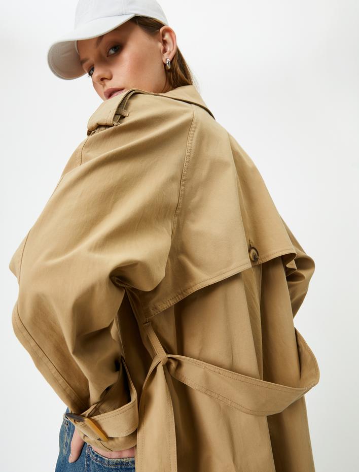  Midi Trençkot Kruvaze Düğmeli Kuşaklı