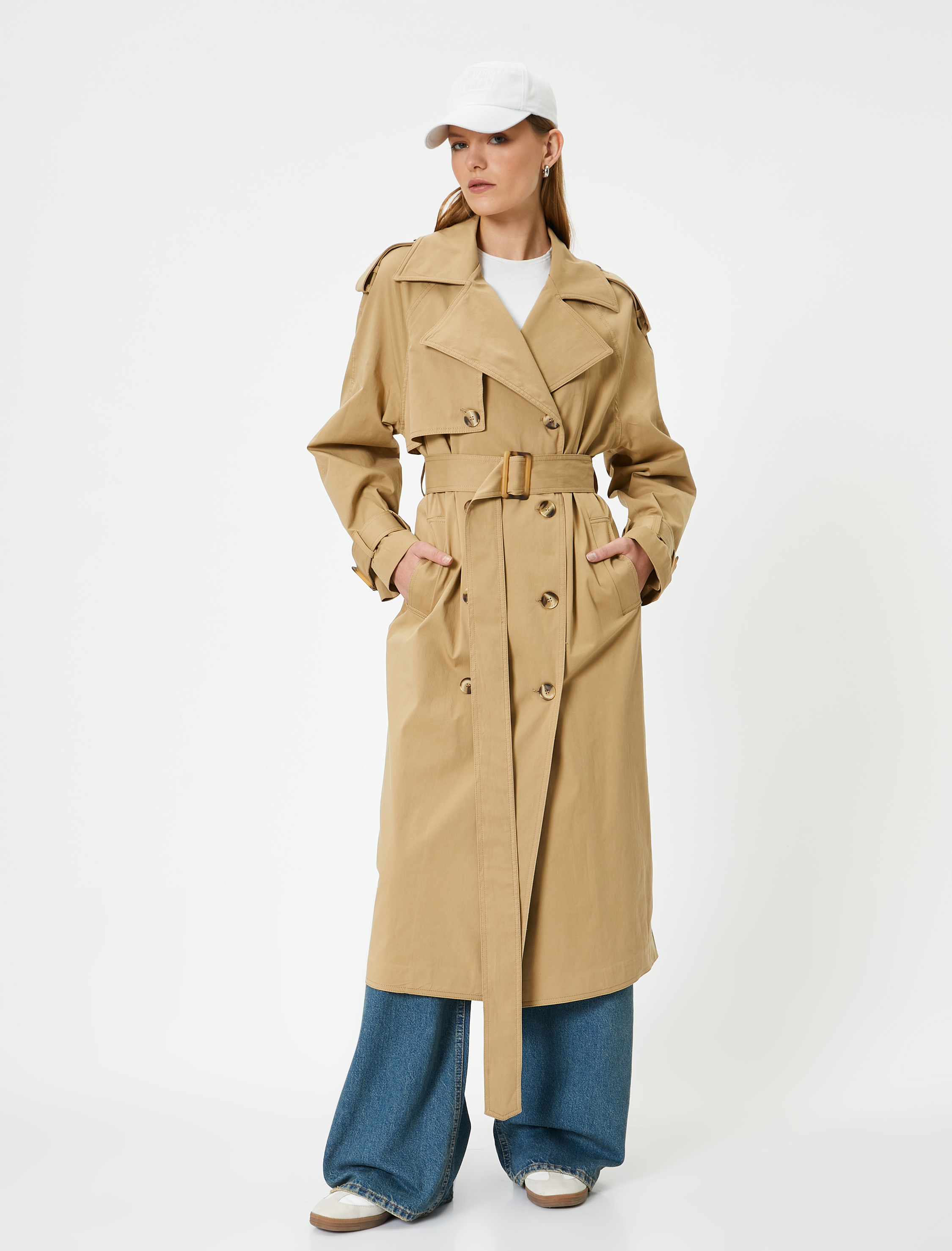   Midi Trençkot Kruvaze Düğmeli Kuşaklı