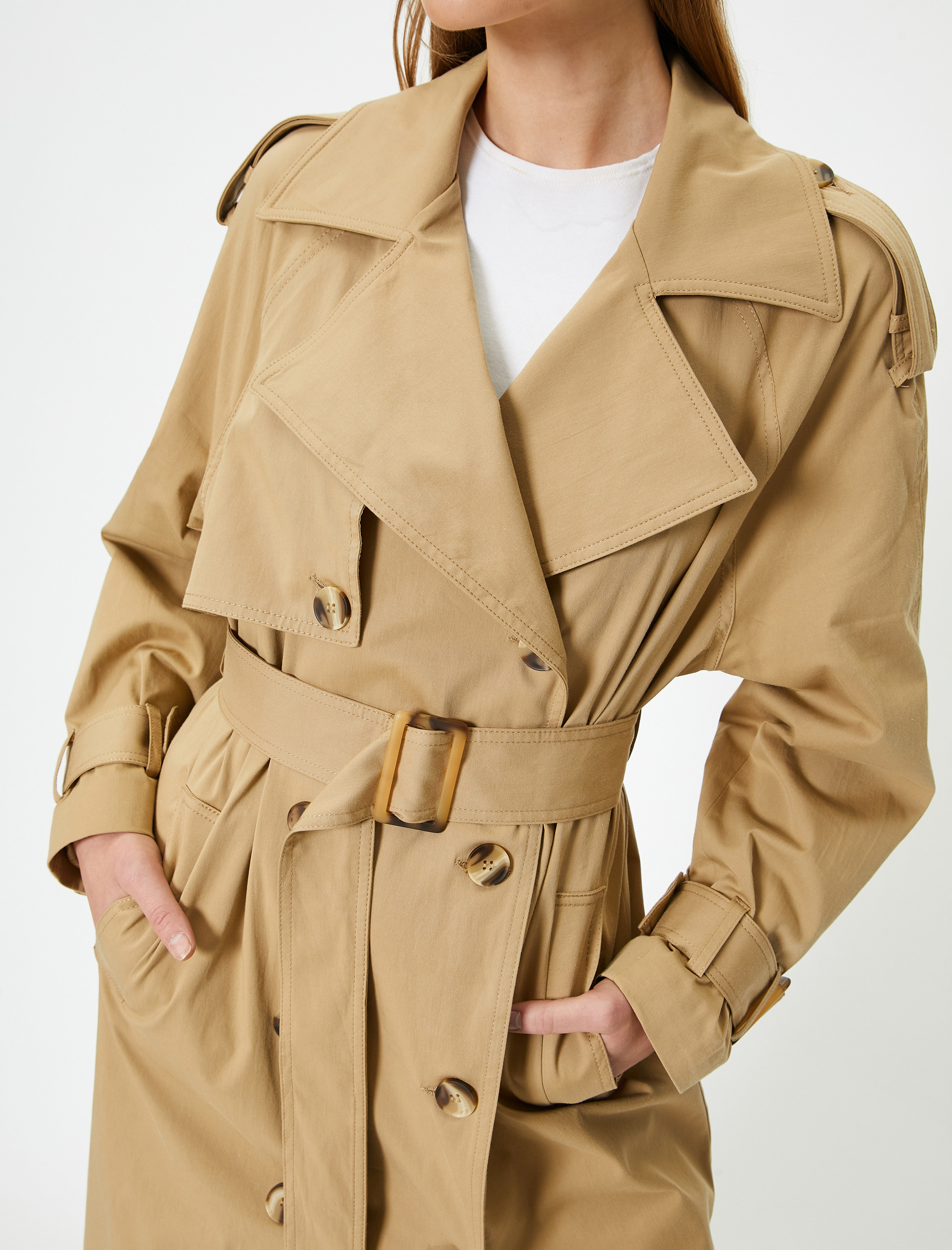   Midi Trençkot Kruvaze Düğmeli Kuşaklı