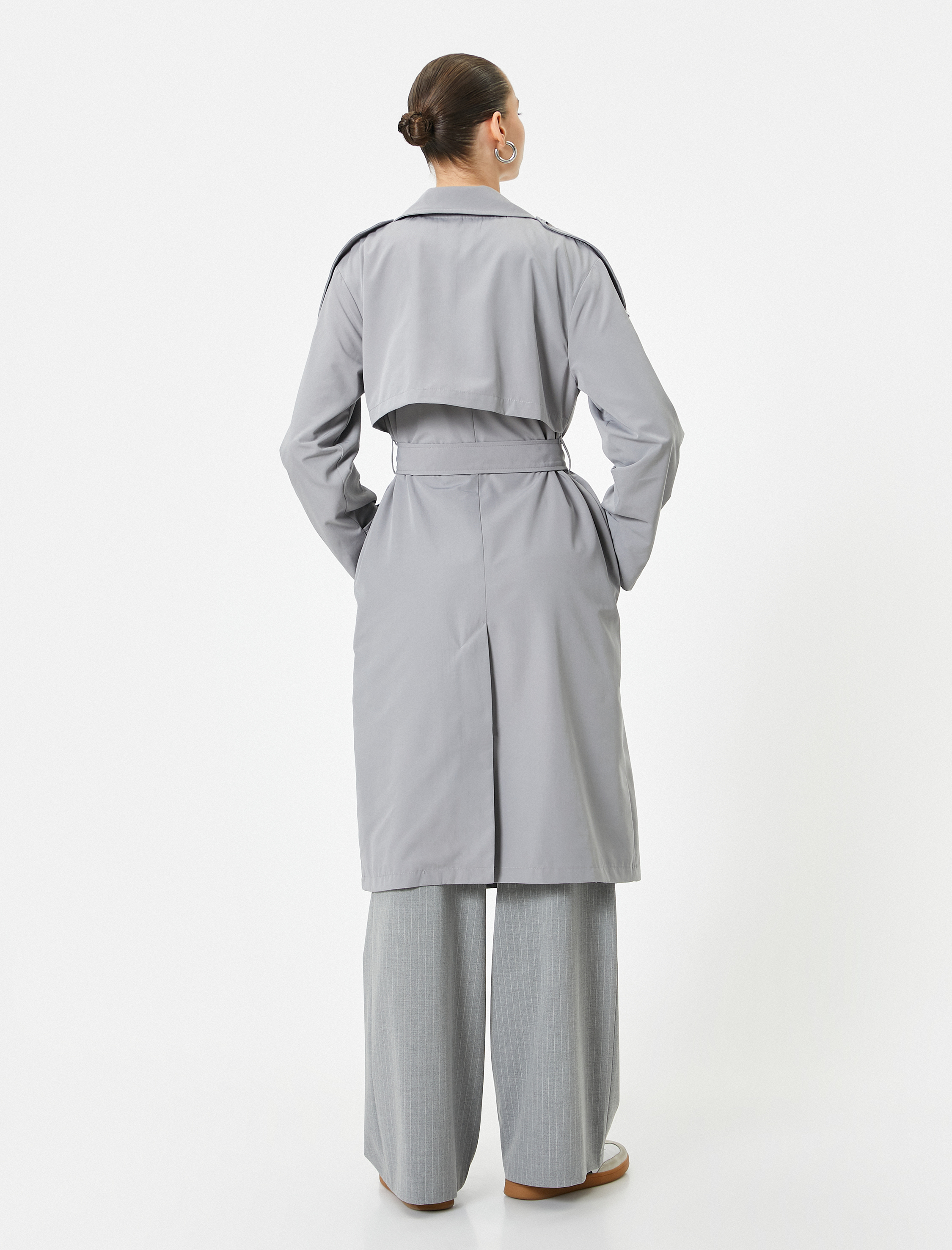   Trençkot Uzun Kruvaze Düğmeli Apolet Detaylı