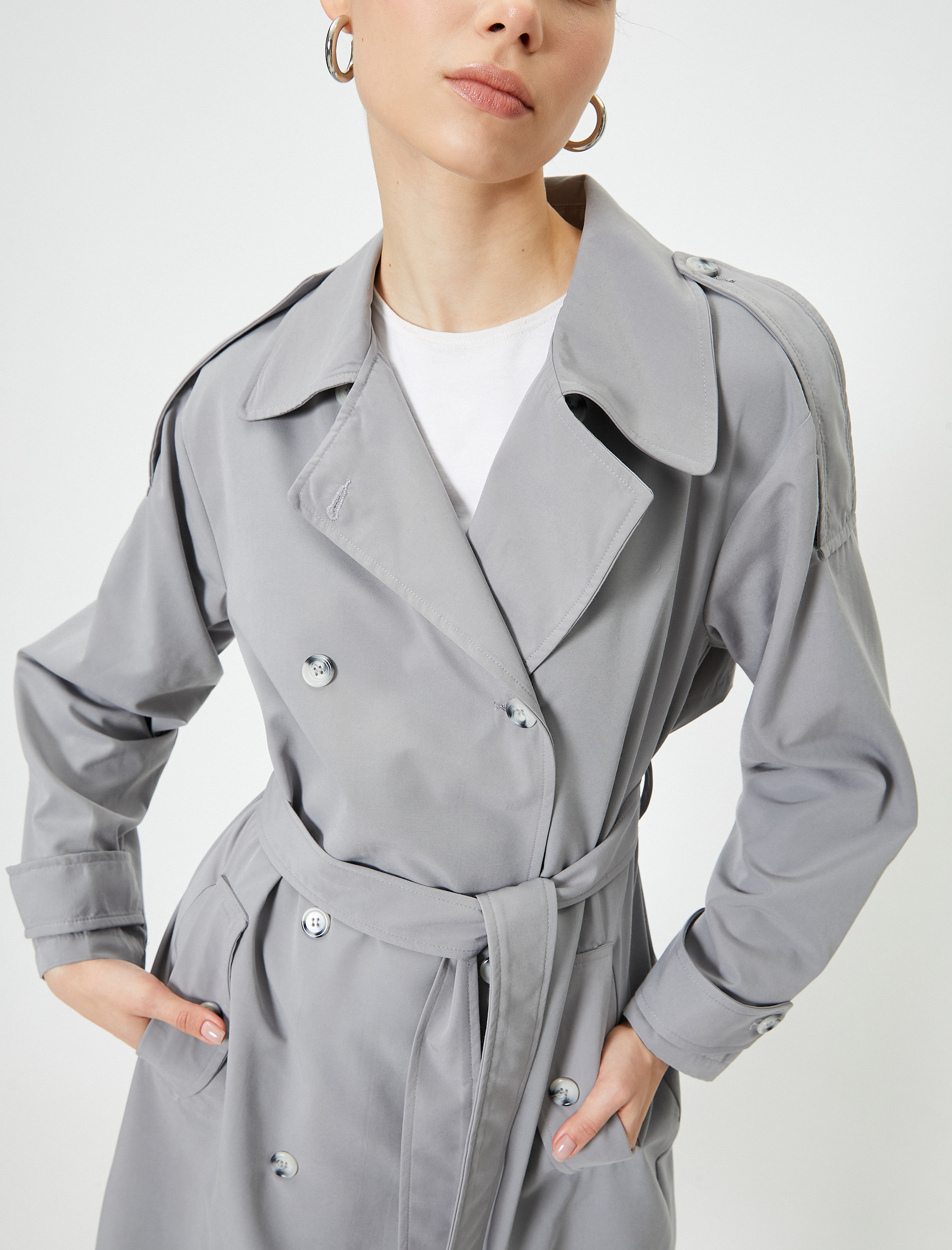   Trençkot Uzun Kruvaze Düğmeli Apolet Detaylı