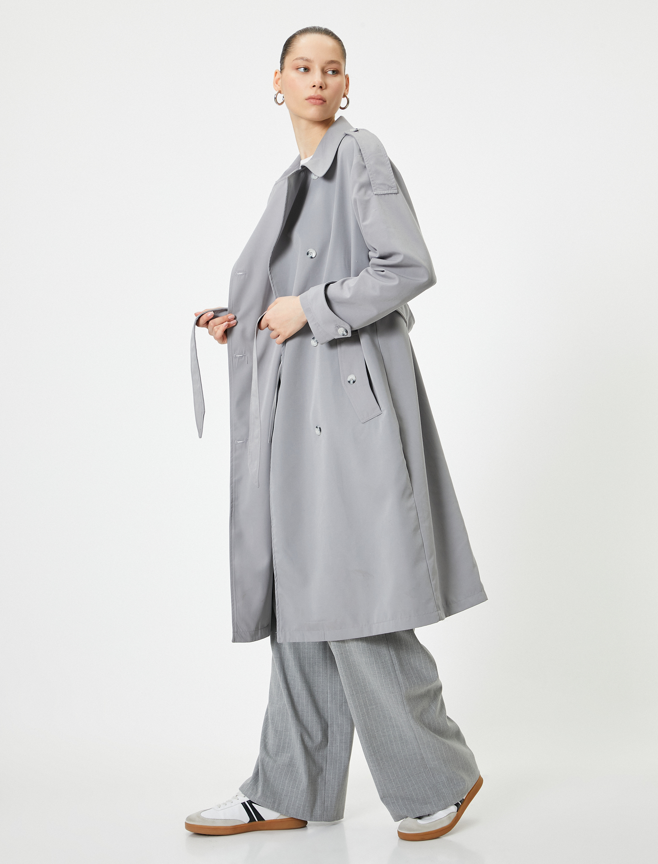   Trençkot Uzun Kruvaze Düğmeli Apolet Detaylı