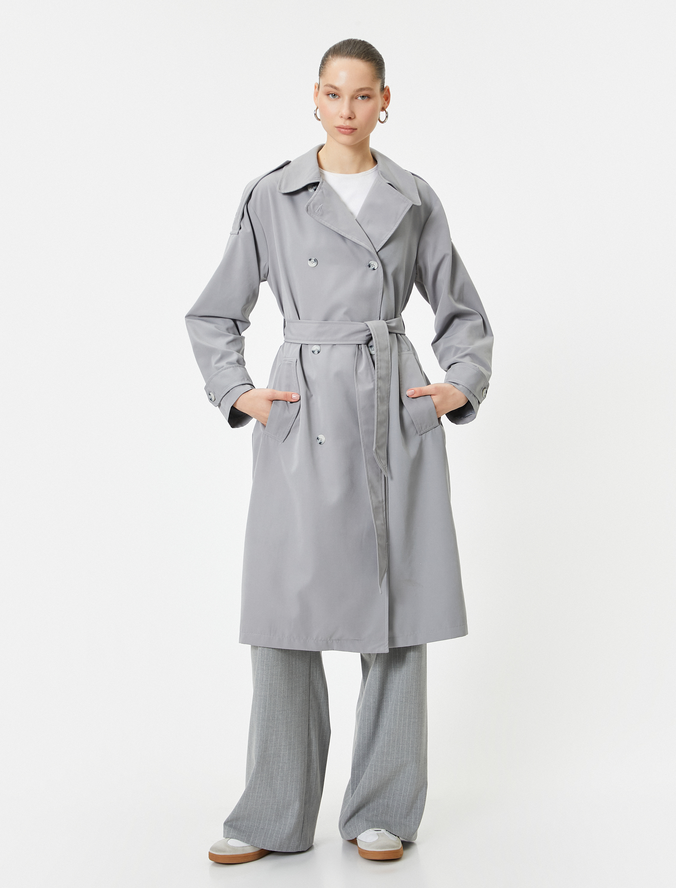   Trençkot Uzun Kruvaze Düğmeli Apolet Detaylı