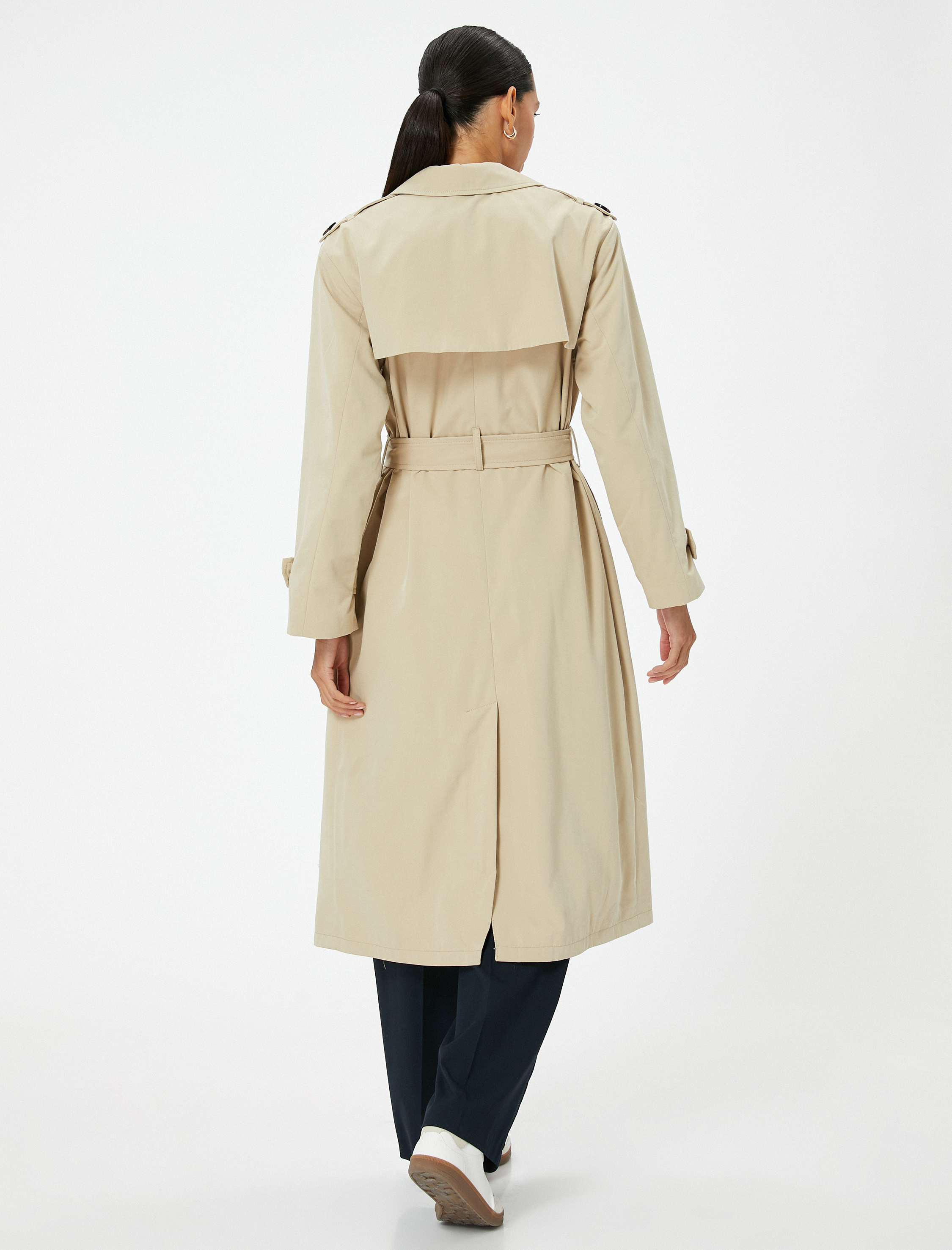   Midi Trençkot Kruvaze Düğmeli Cepli Rüzgarlık Detaylı