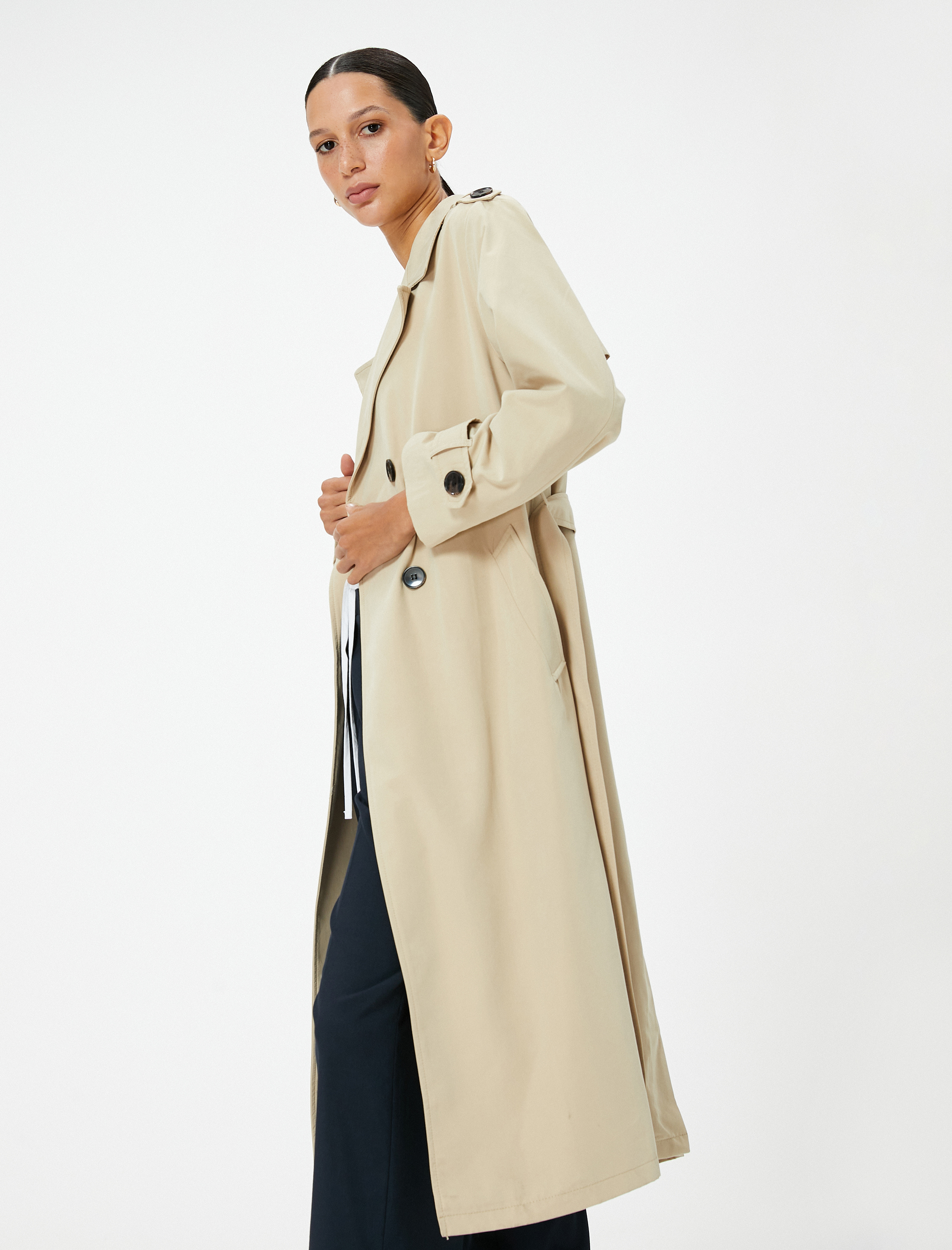   Midi Trençkot Kruvaze Düğmeli Cepli Rüzgarlık Detaylı