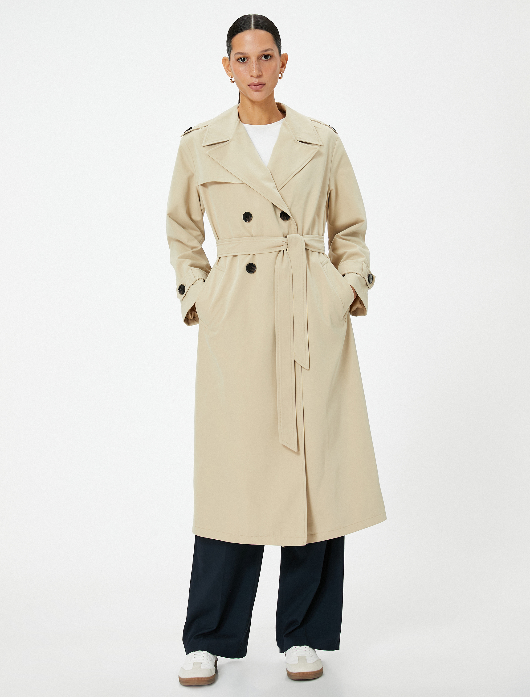   Midi Trençkot Kruvaze Düğmeli Cepli Rüzgarlık Detaylı