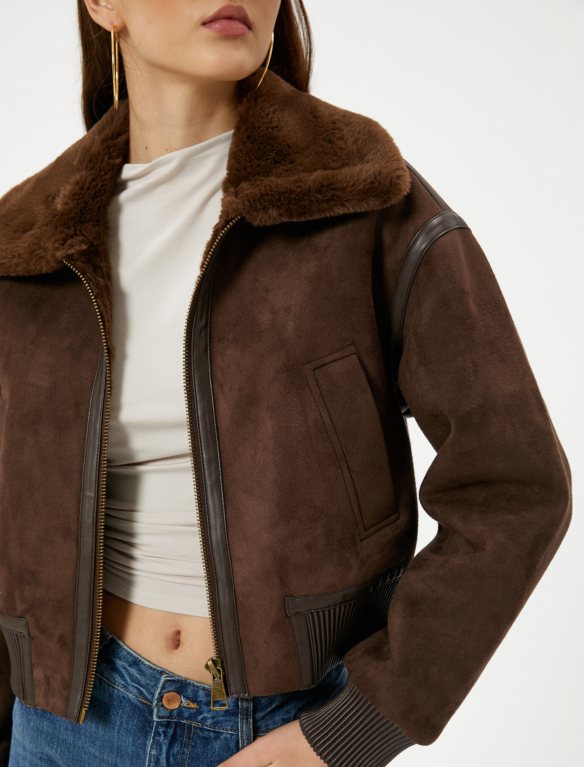   Süet Suni Deri Ceket Kürk Yakalı Kısa Cepli Fermuarlı