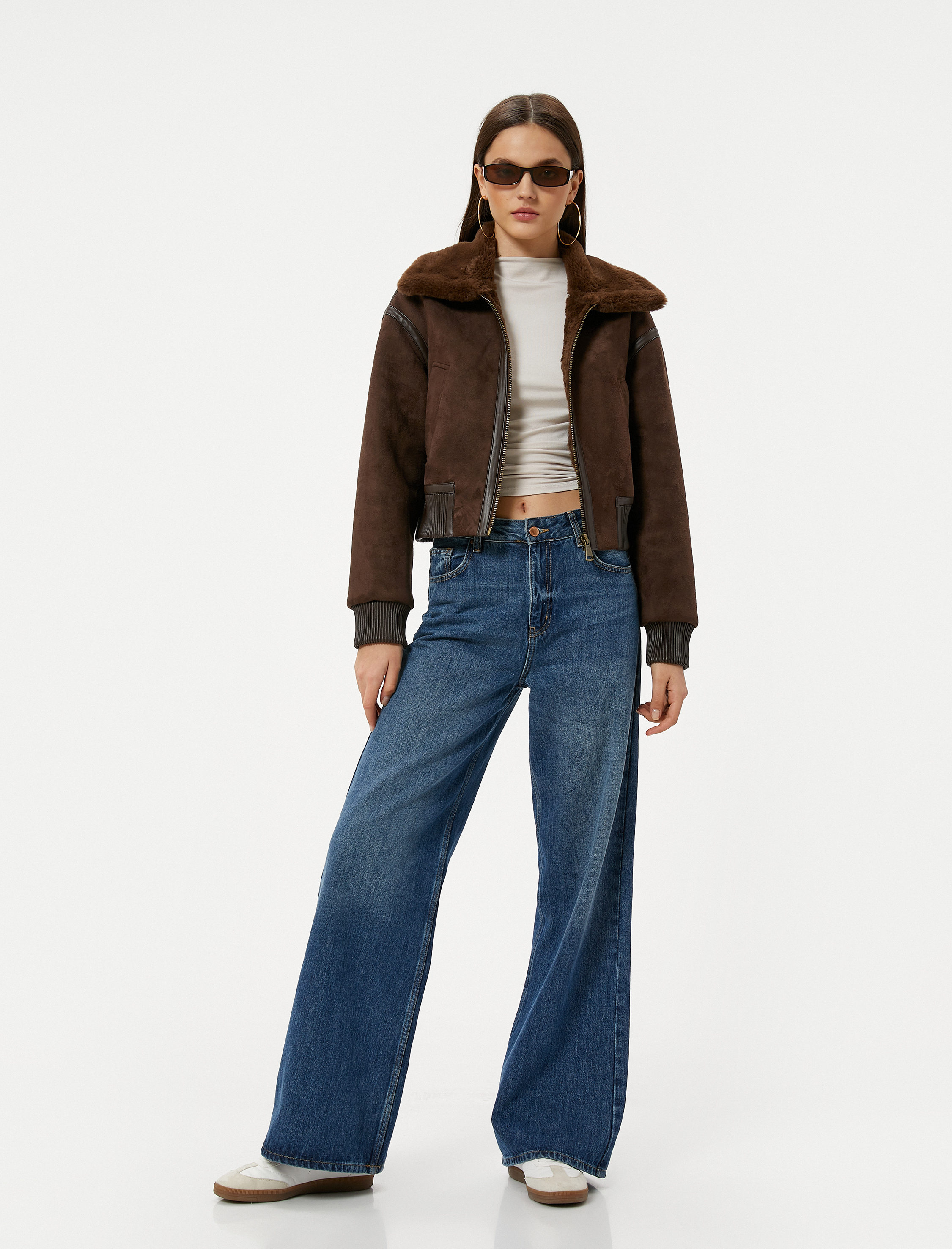   Süet Suni Deri Ceket Kürk Yakalı Kısa Cepli Fermuarlı