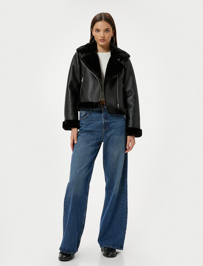  Yakası Kürklü Fermuarlı Cepli Biker Mont