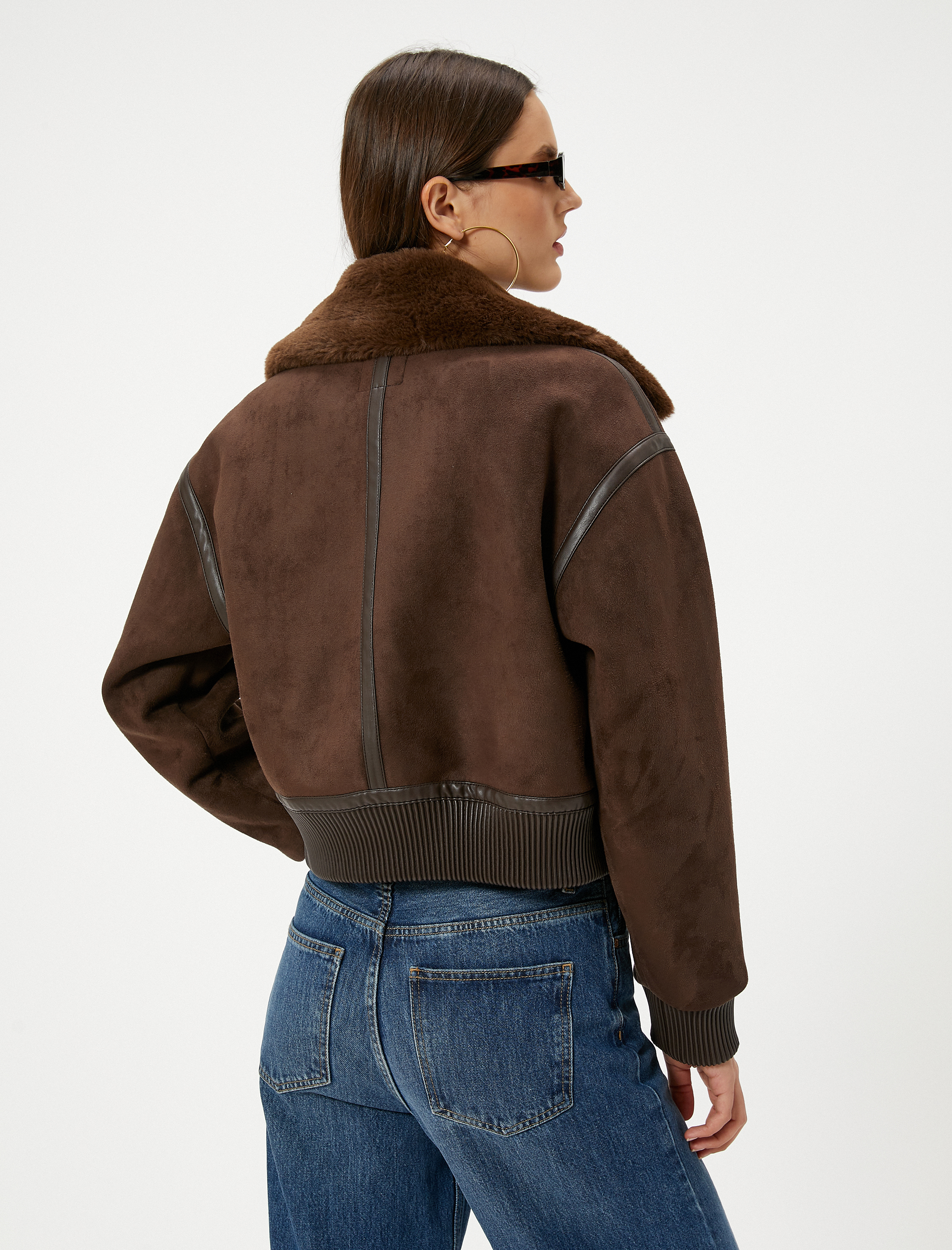   Süet Suni Deri Ceket Kürk Yakalı Kısa Cepli Fermuarlı