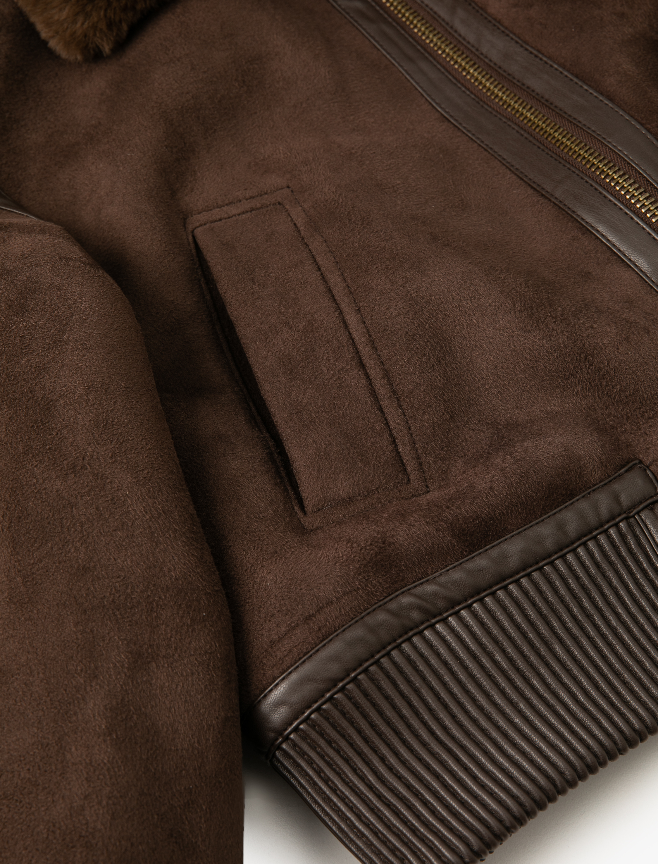   Süet Suni Deri Ceket Kürk Yakalı Kısa Cepli Fermuarlı