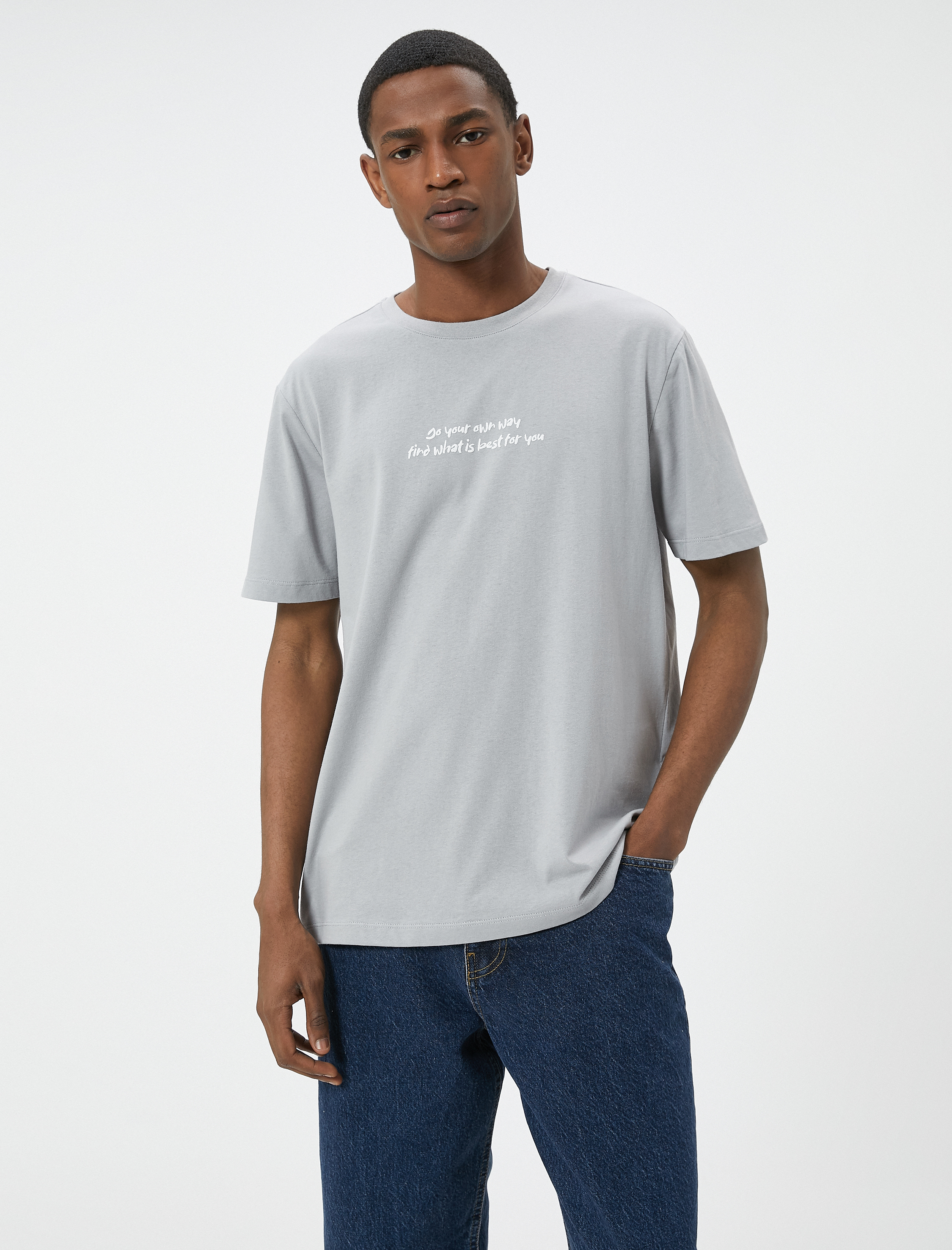   Slim Fit Tişört Slogan Baskılı Kısa Kollu Bisiklet Yaka Pamuklu