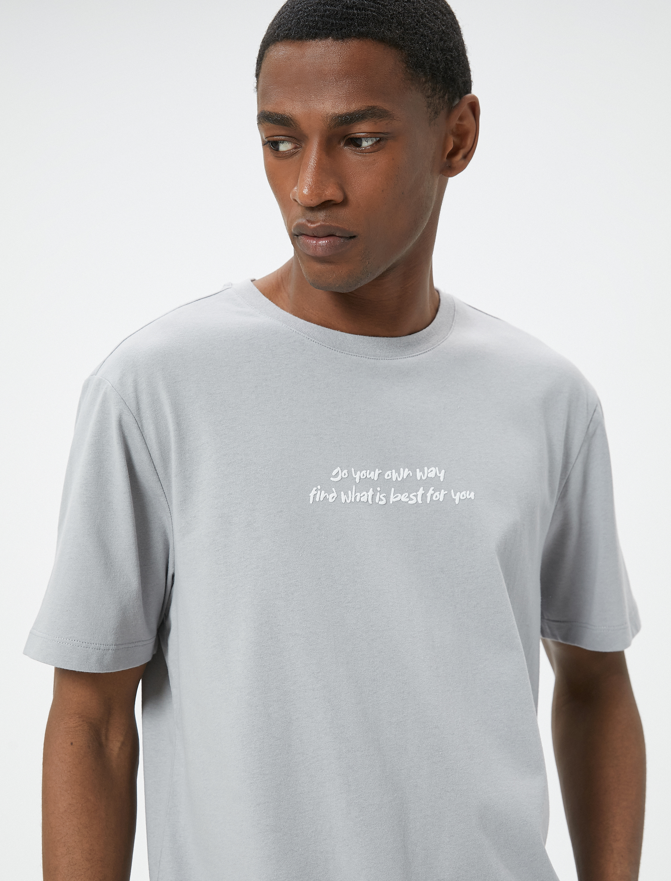   Slim Fit Tişört Slogan Baskılı Kısa Kollu Bisiklet Yaka Pamuklu