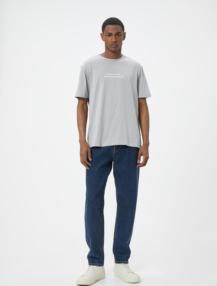  Slim Fit Tişört Slogan Baskılı Kısa Kollu Bisiklet Yaka Pamuklu