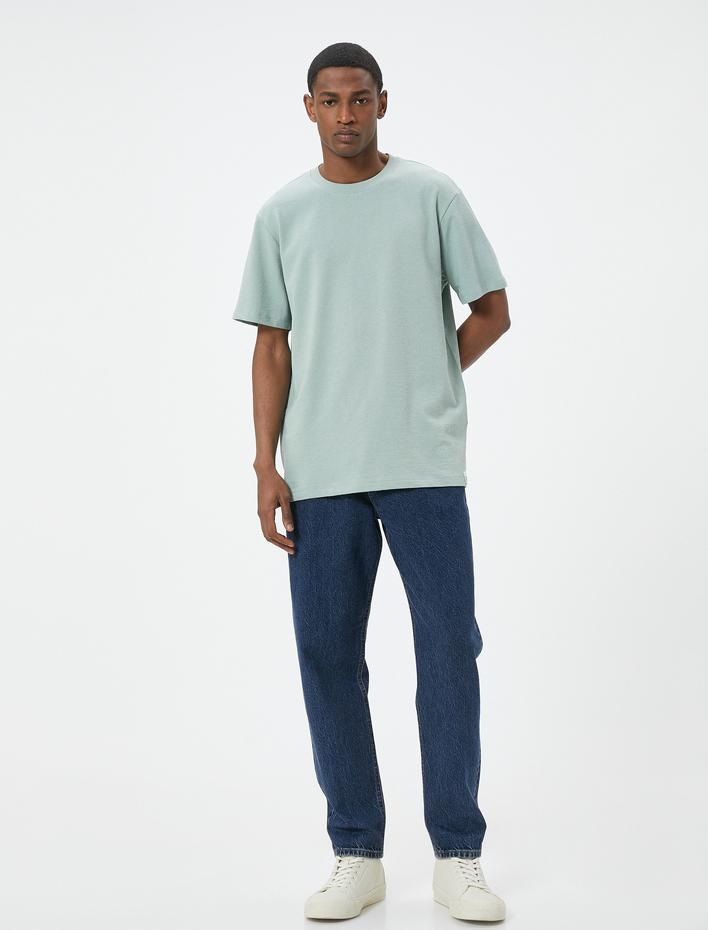  Basic Tişört Dokulu Etiket Baskılı Bisiklet Yaka Kısa Kollu