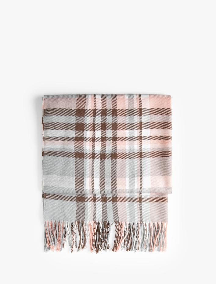 Kadın Atkı Ekose Yumuşak Dokulu Püsküllü