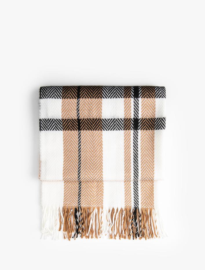 Kadın Atkı Ekose Yumuşak Dokulu Püsküllü