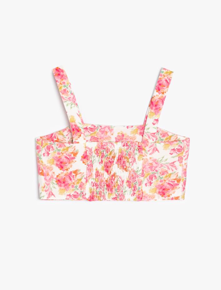 Kız Çocuk Çiçekli Crop Bluz Askılı Kare Yaka Viskon Kumaş