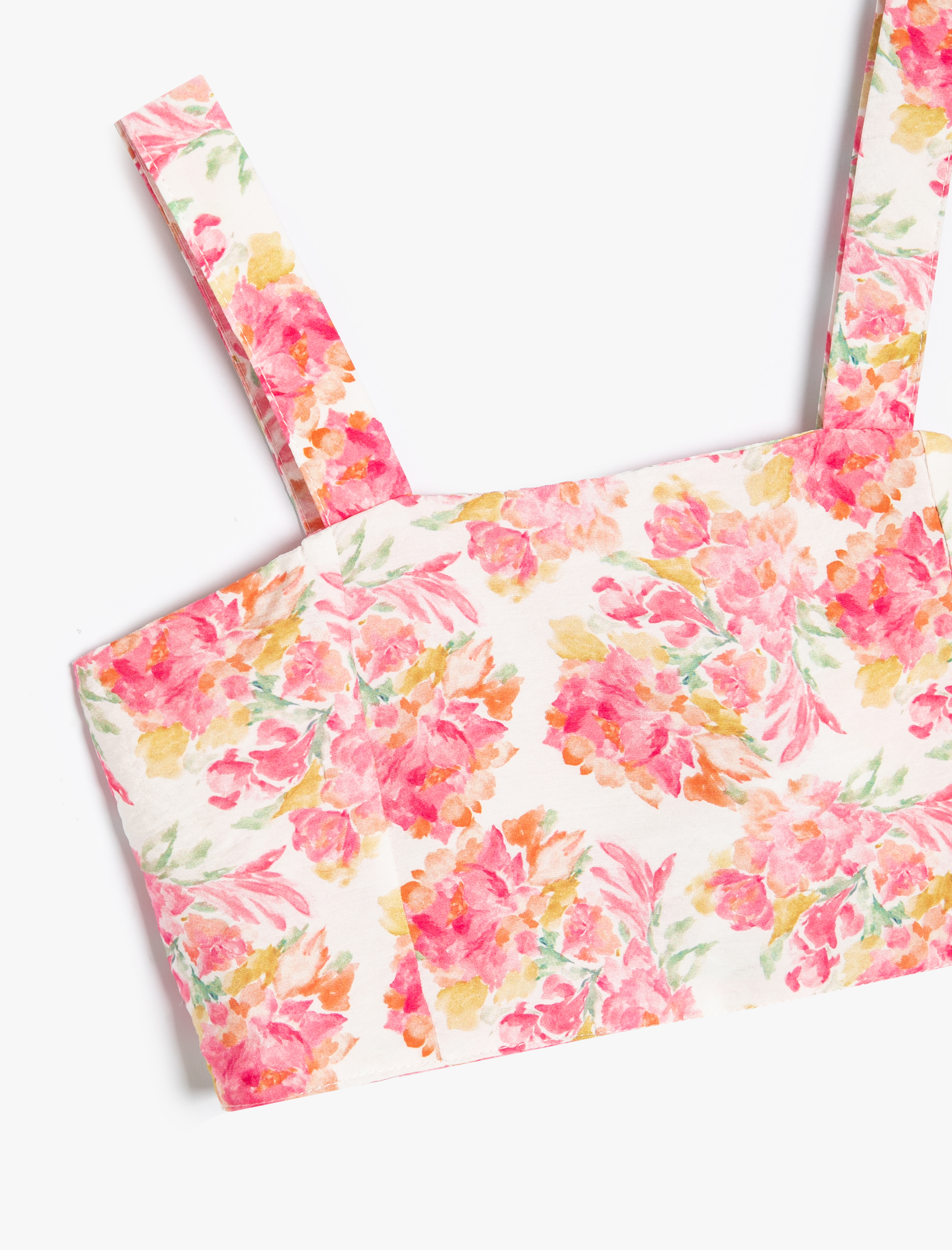  Kız Çocuk Çiçekli Crop Bluz Askılı Kare Yaka Viskon Kumaş