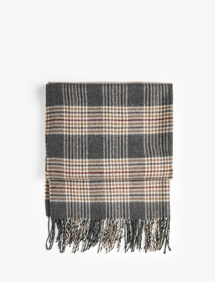 Kadın Atkı Ekose Yumuşak Dokulu Püsküllü