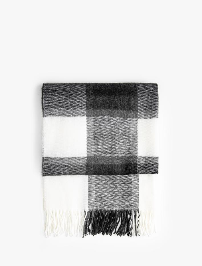 Kadın Atkı Ekose Yumuşak Dokulu Püsküllü