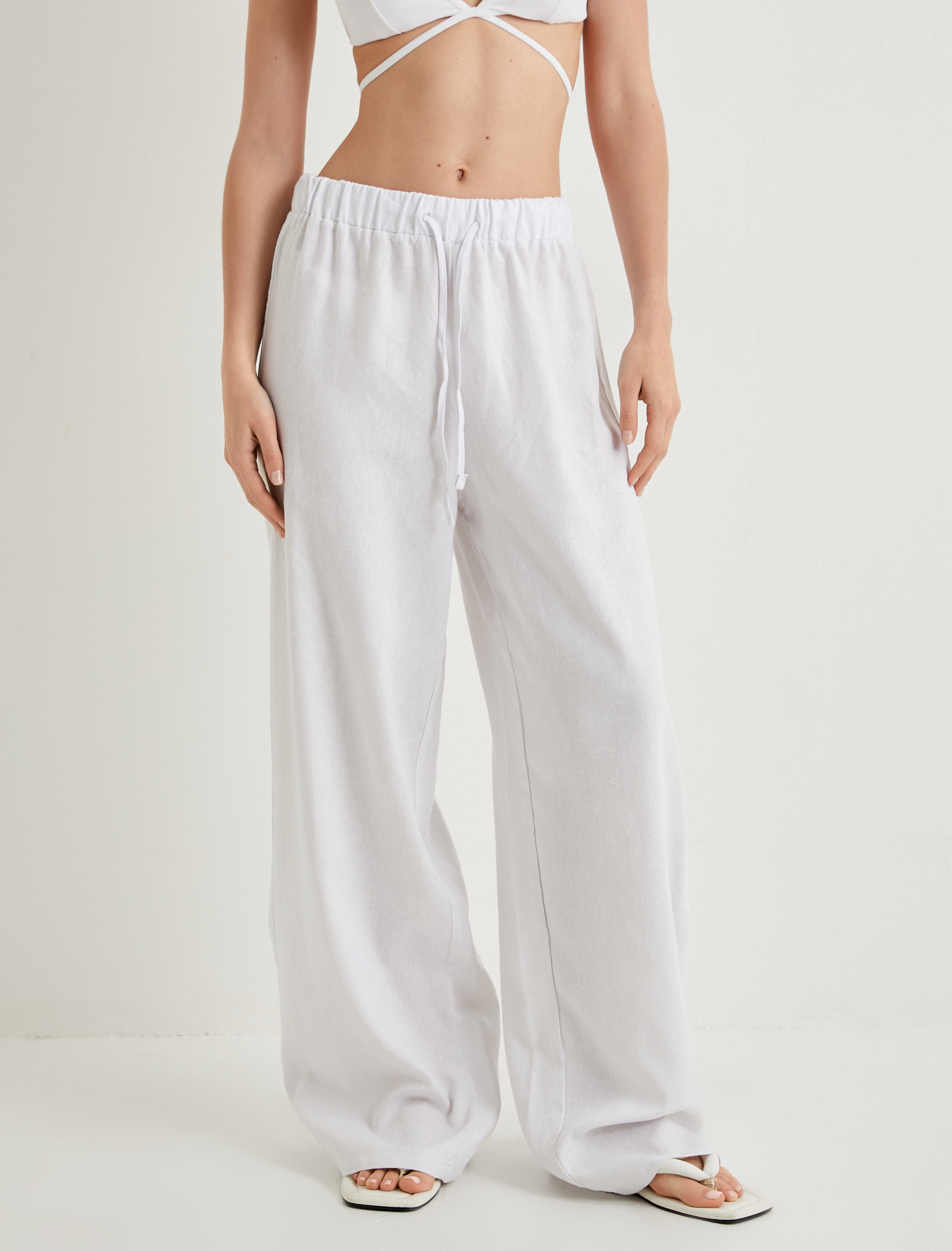   Bol Paça Keten Pantolon Beli Bağlamalı Rahat Kalıp