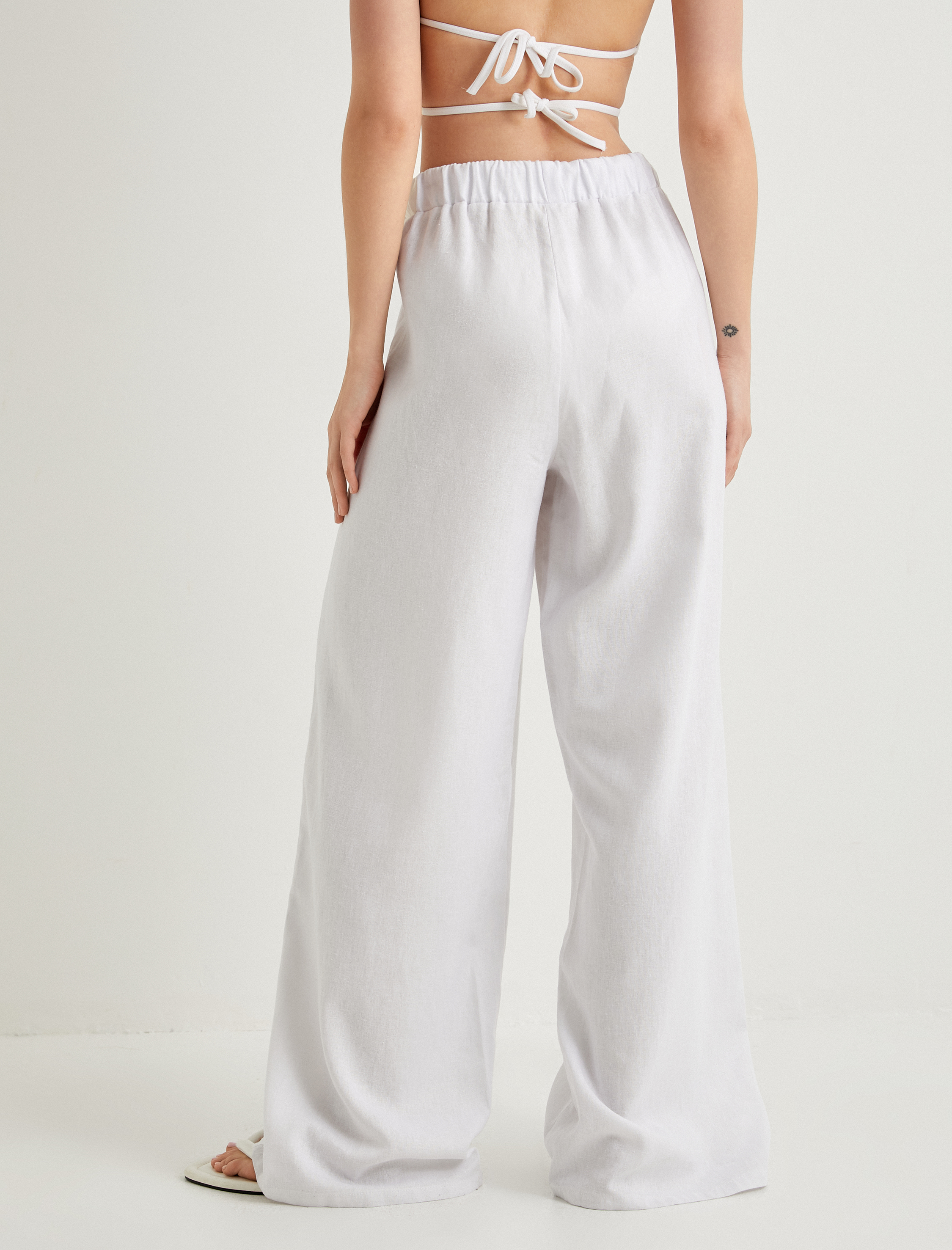   Bol Paça Keten Pantolon Beli Bağlamalı Rahat Kalıp