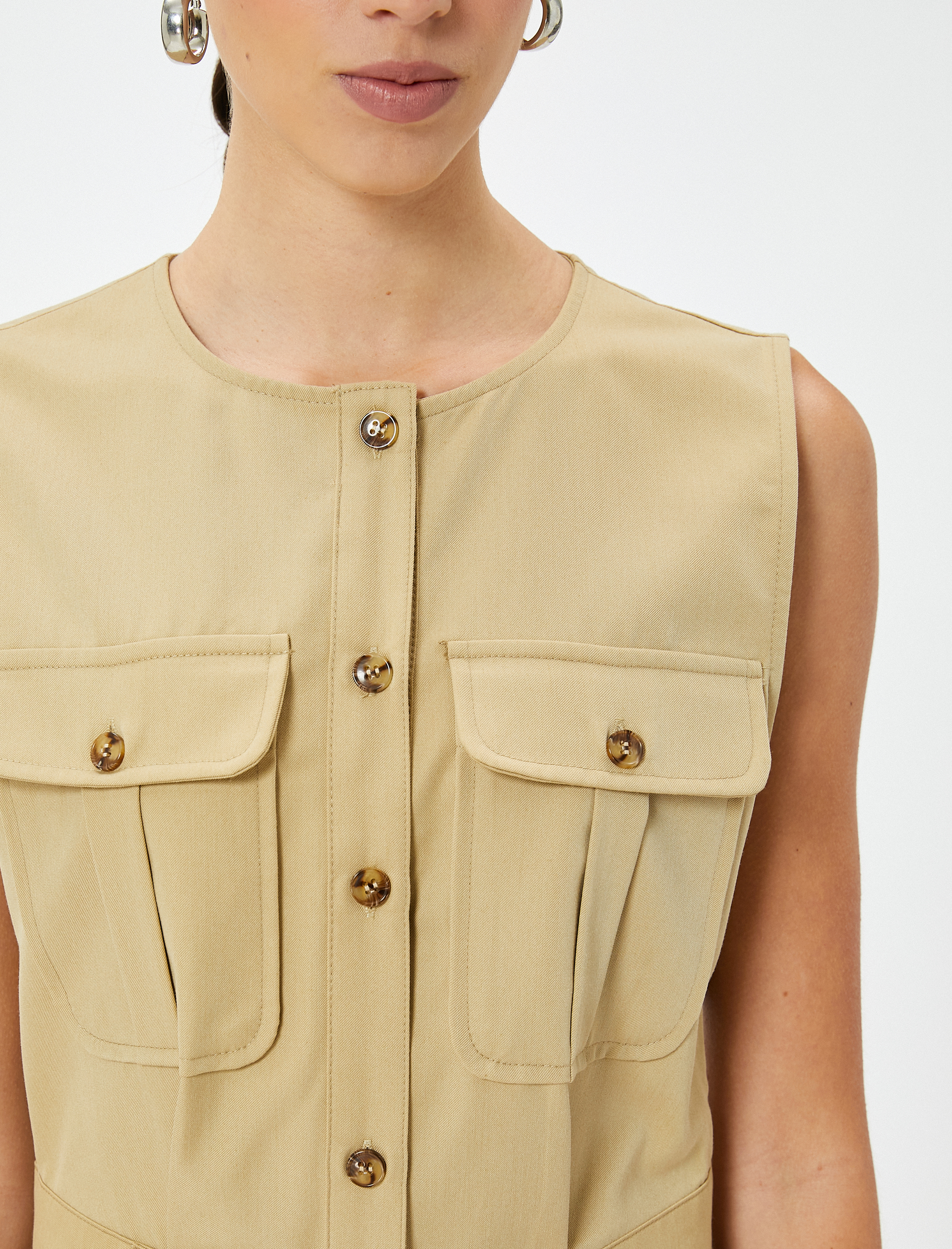   Mini Elbise Kargo Cep Detaylı Düğmeli Bisiklet Yaka Kolsuz