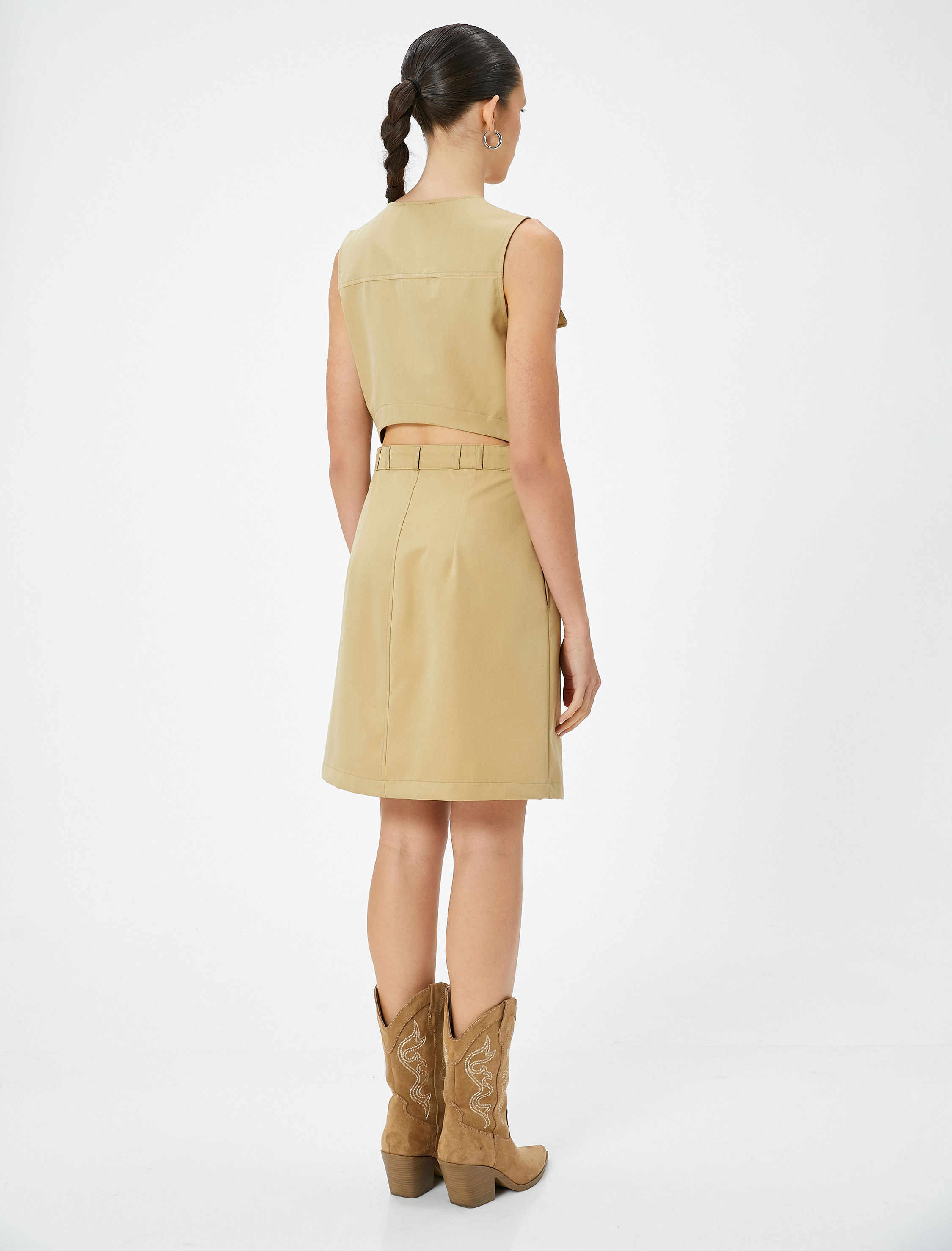   Mini Elbise Kargo Cep Detaylı Düğmeli Bisiklet Yaka Kolsuz