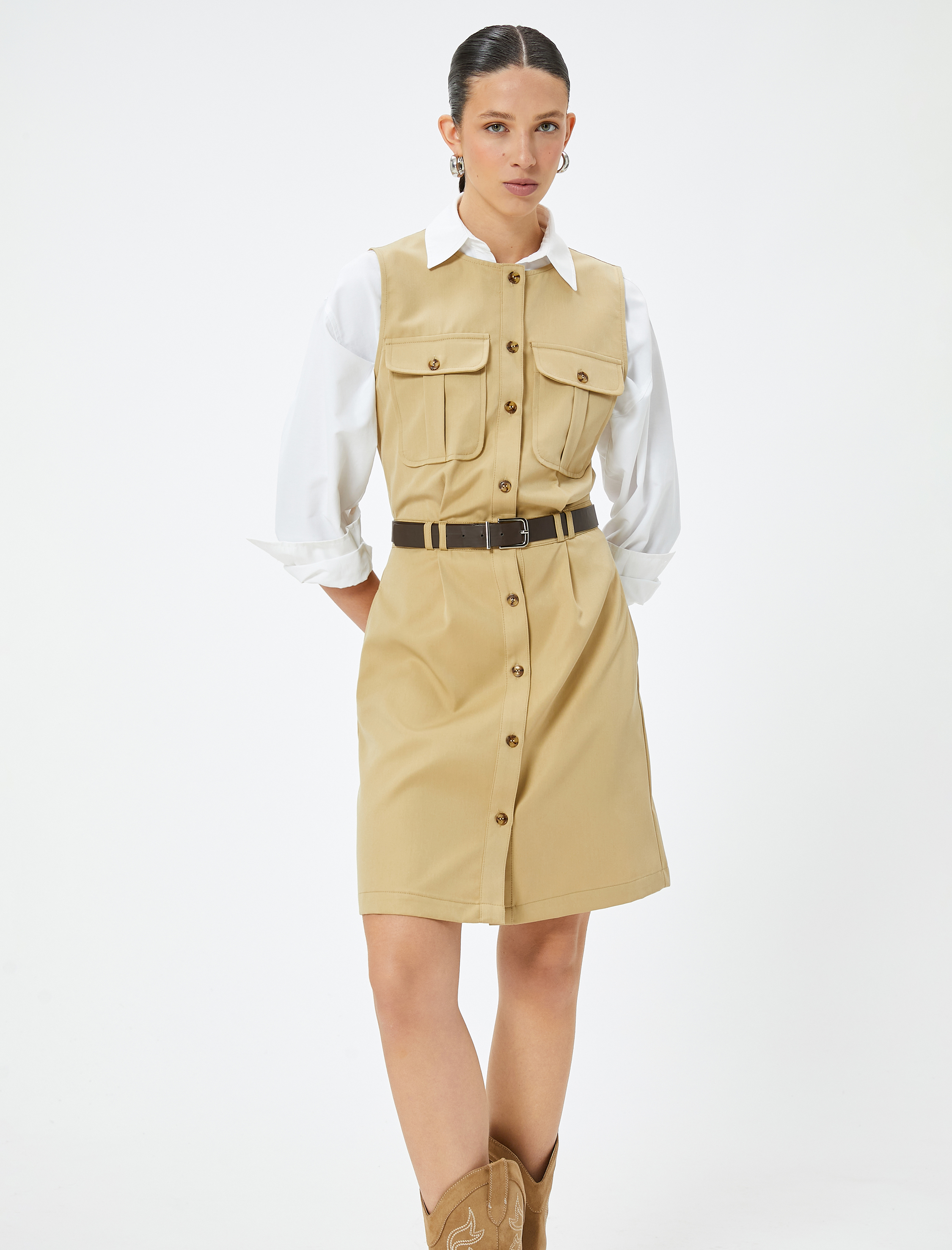   Mini Elbise Kargo Cep Detaylı Düğmeli Bisiklet Yaka Kolsuz