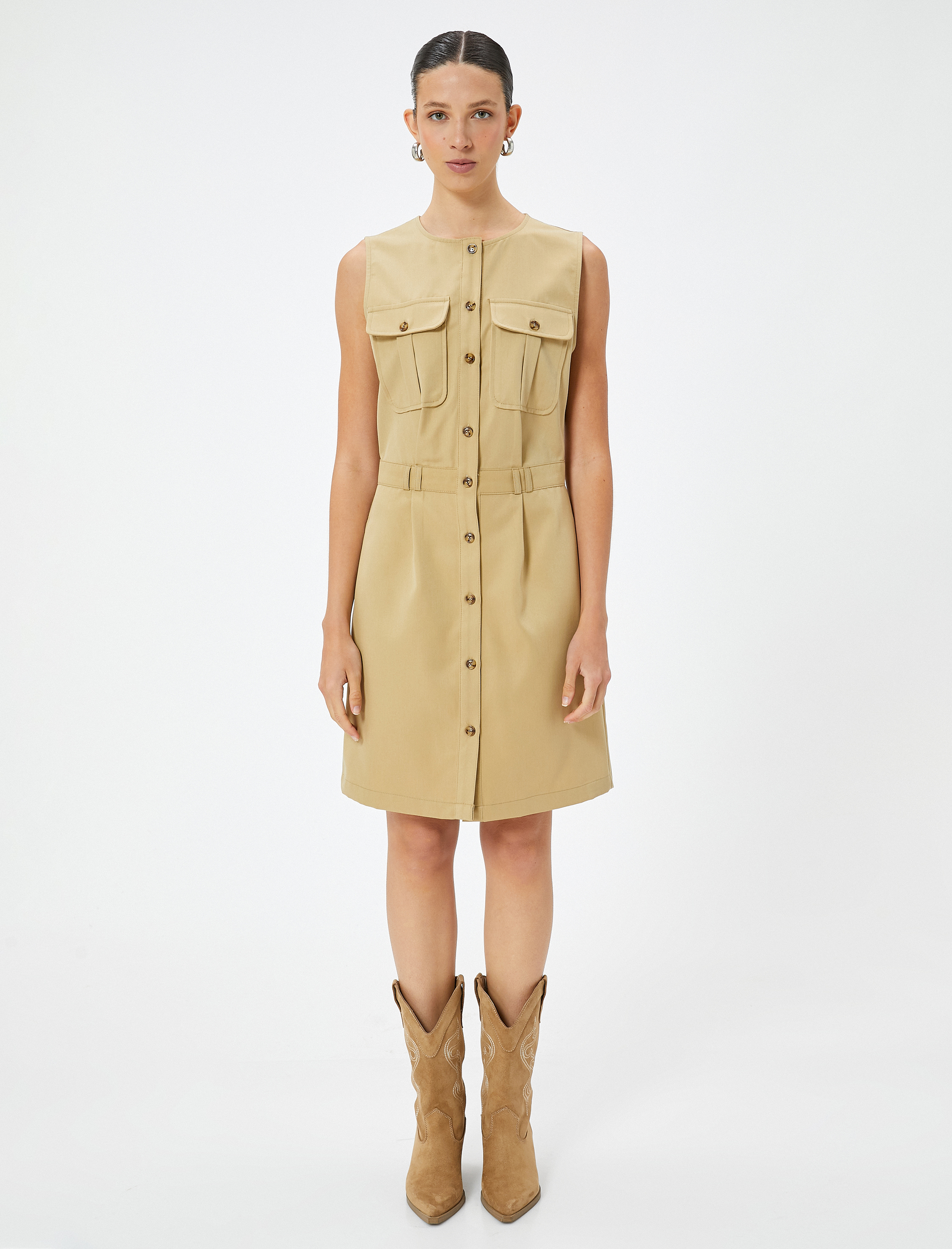   Mini Elbise Kargo Cep Detaylı Düğmeli Bisiklet Yaka Kolsuz