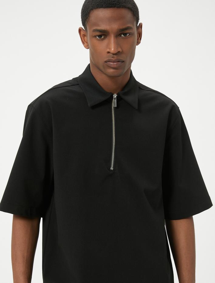  Yarım Fermuarlı Gömlek Kısa Kollu Viskon Karışımlı Regular Fit