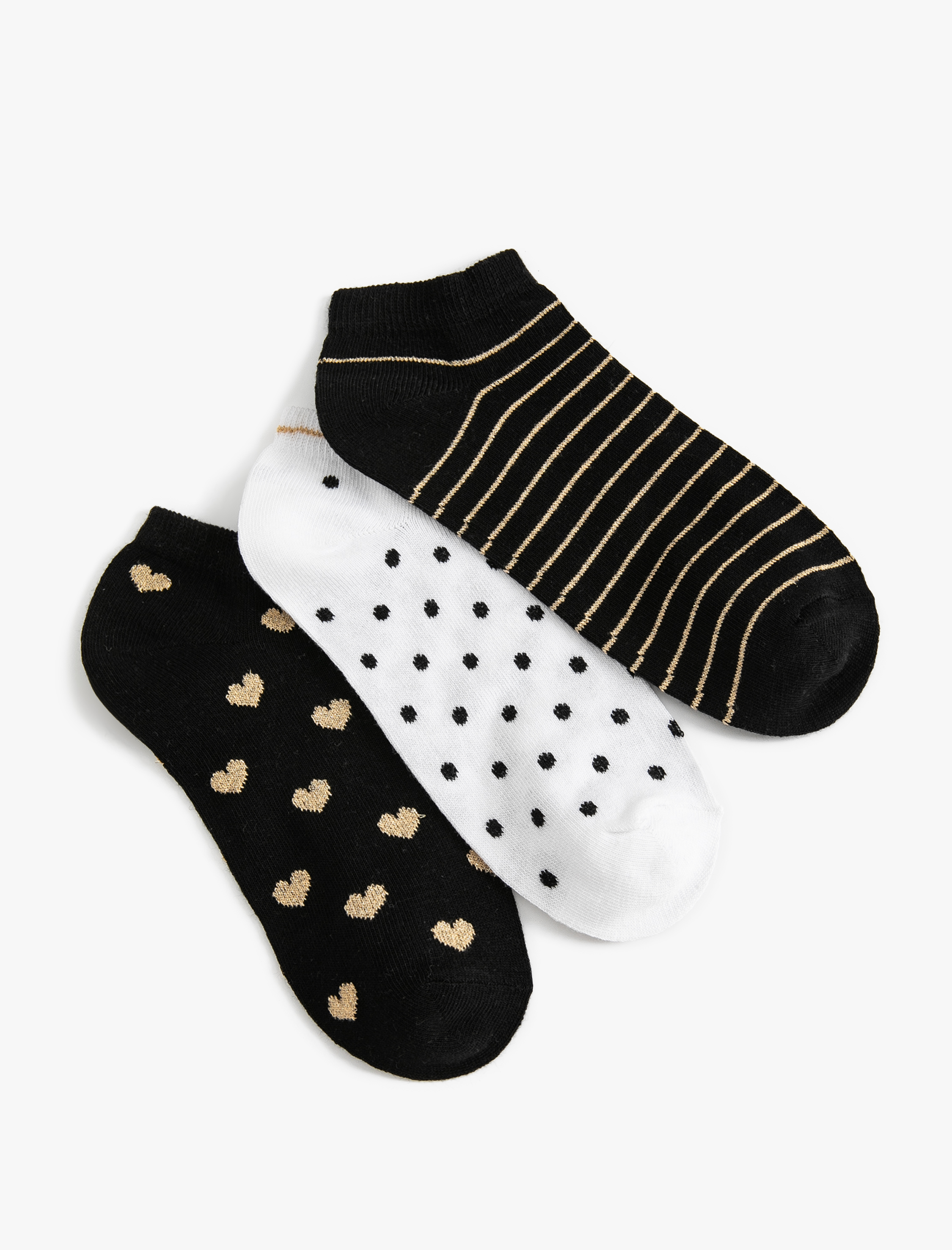  Kadın Patik Çorap Seti 3'lü Kalpli ve Çizgili