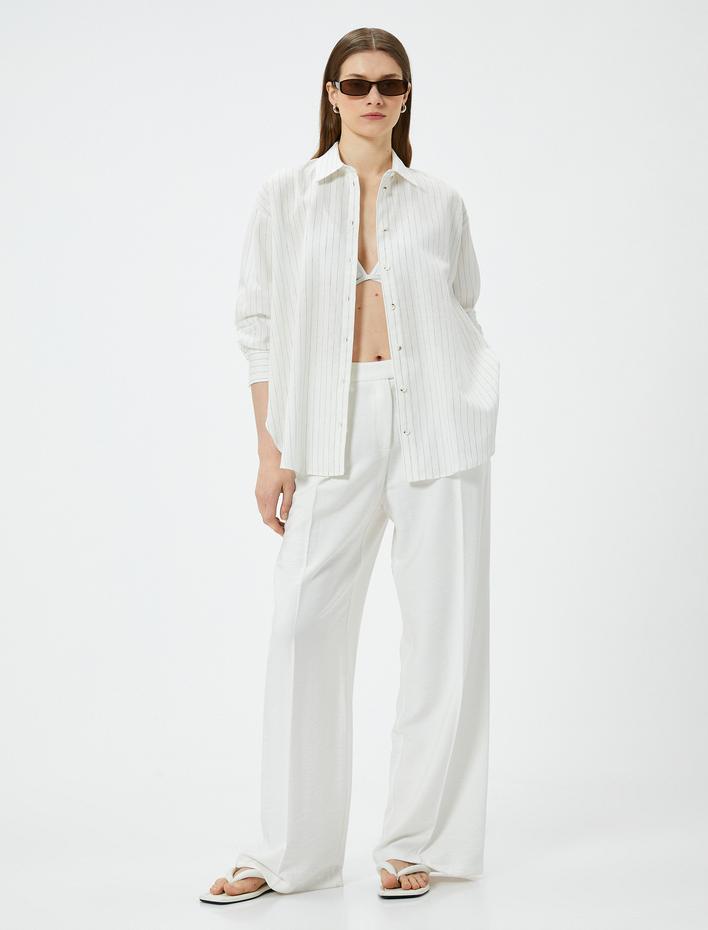  Oversize Keten Karışımlı Gömlek Uzun Kollu Düğmeli