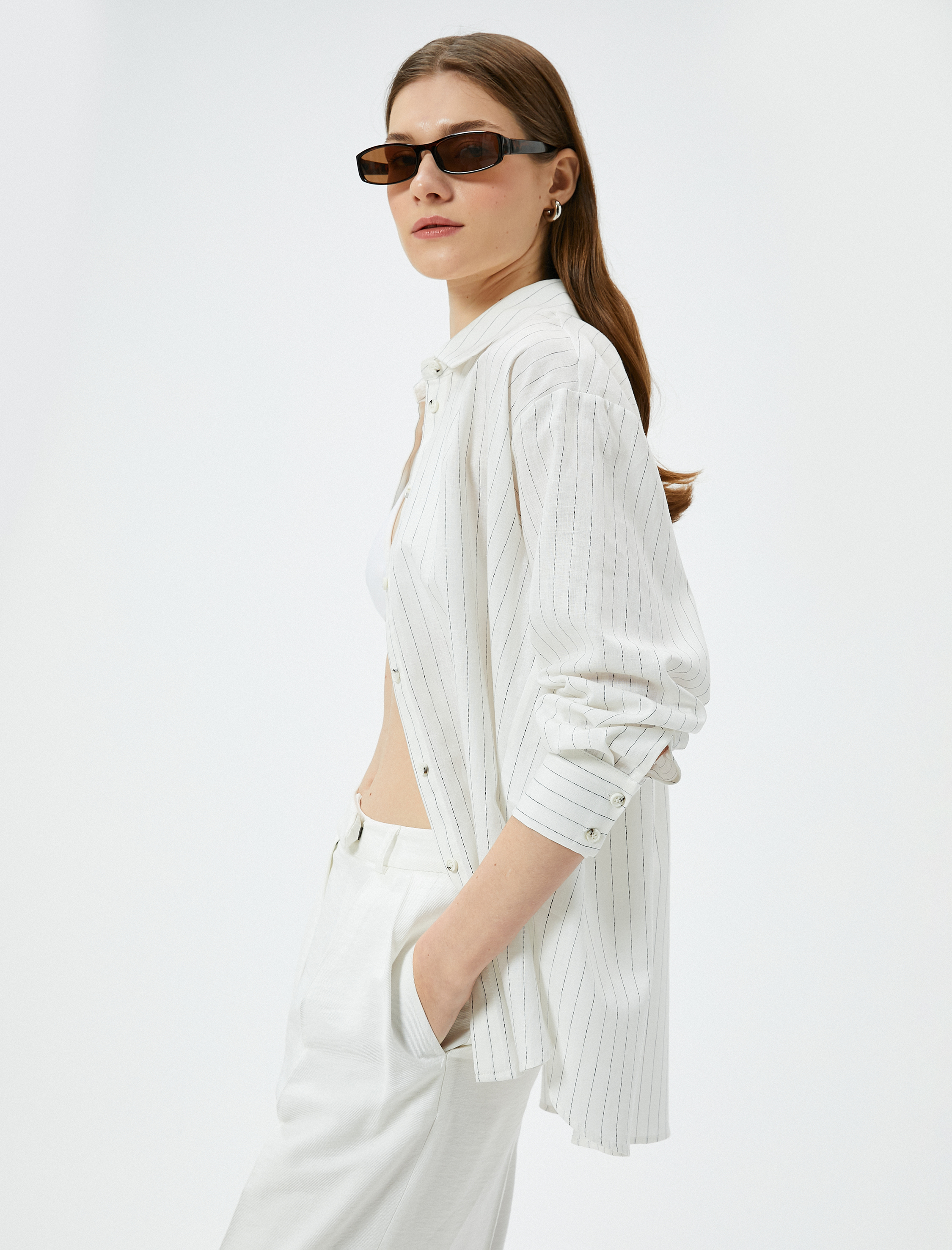   Oversize Keten Karışımlı Gömlek Uzun Kollu Düğmeli